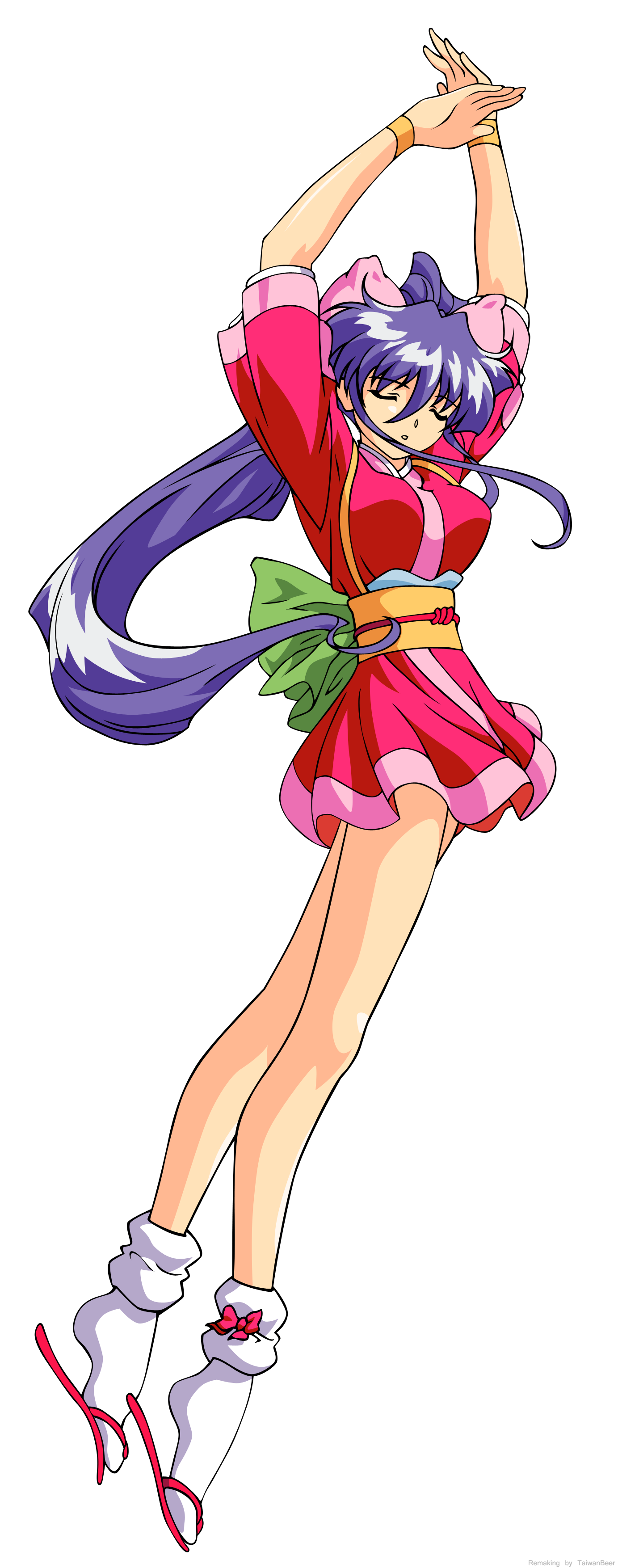 momohime (dancing blade), dancing blade, katteni momotenshi, absurdres, derivative work, highres, long image, non-web source, tall image, vector trace, 1girl, arms up, bow, closed eyes, female focus, full body, hair ribbon, japanese clothes, kimono, long hair, long legs, pink bow, pink kimono, ponytail, purple hair, ribbon, sandals, sidelocks, socks, solo, transparent background, watermark, yukata