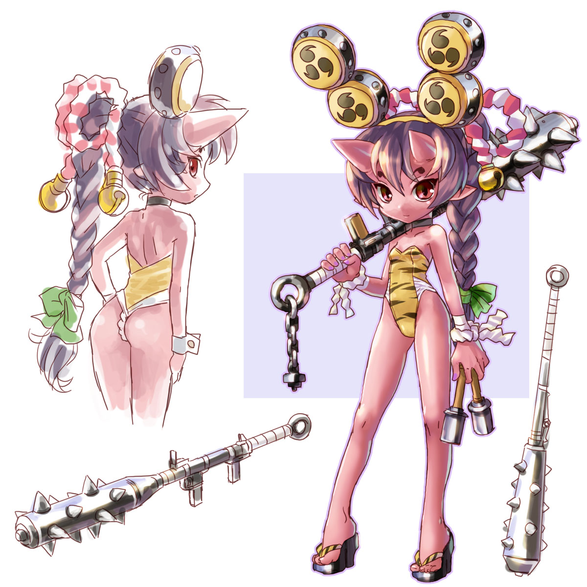 katahira masashi, original, highres, 1girl, animal print, ass, club, club (weapon), demon girl, drum, explosive, grenade, gun, high heels, horns, instrument, kanabou, kouhaku nawa, leotard, mitsudomoe (shape), oni, open shoes, pointy ears, purple hair, red oni, sandals, shimenawa, shoes, tiger print, tomoe (symbol), weapon