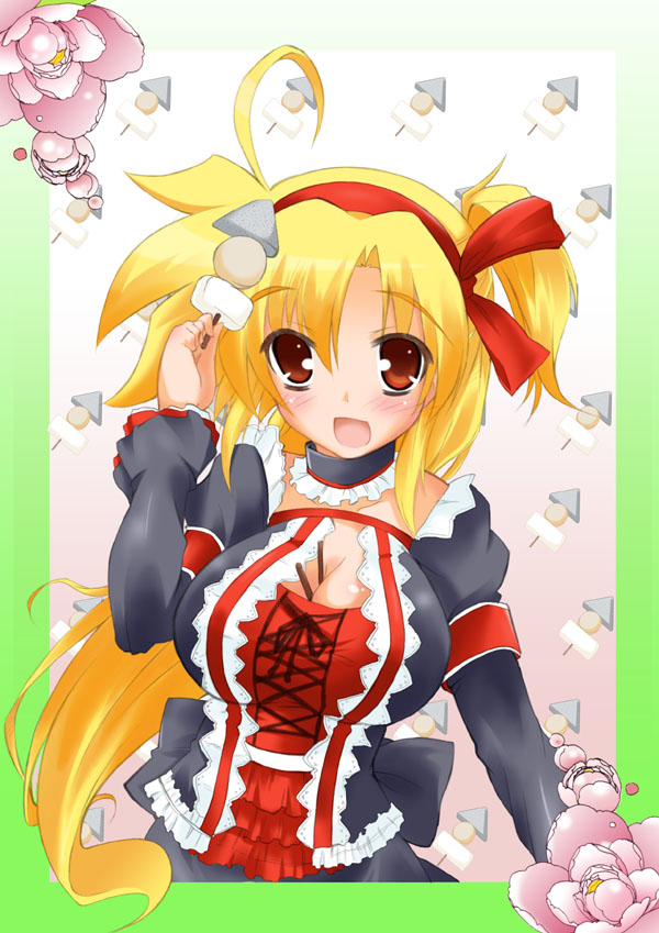 fate testarossa, lyrical nanoha, mahou shoujo lyrical nanoha, 00s, 1girl, ahoge, between breasts, blonde hair, blush, breasts, cleavage, female focus, long sleeves, looking at viewer, simple background, solo, tareme, upper body, white background