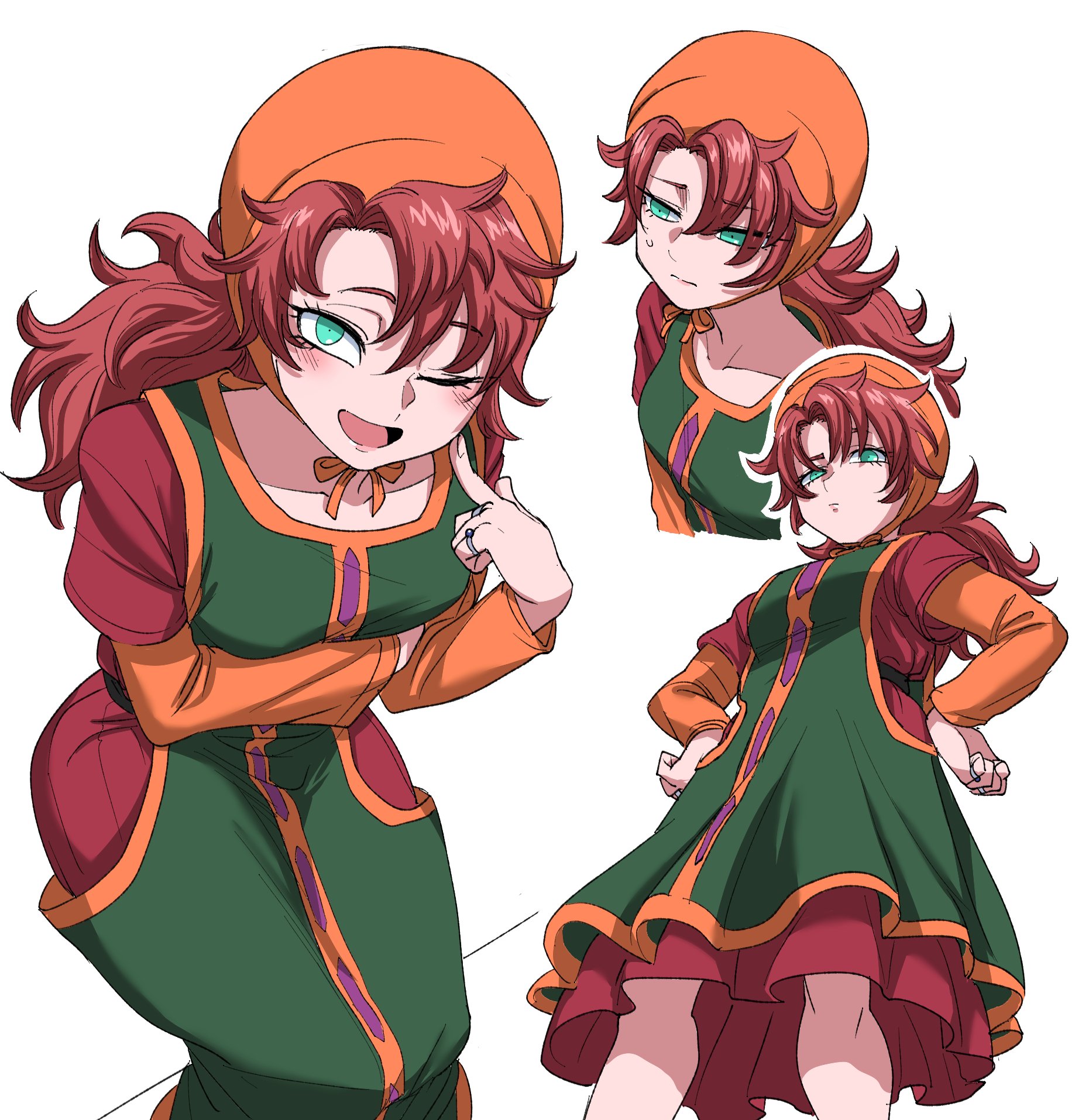 nasu (ilo a5), maribel (dq7), dragon quest, dragon quest vii, highres, 1girl, blush, closed mouth, collarbone, curly hair, dress, green eyes, hood, jewelry, long hair, looking at viewer, one eye closed, open mouth, red hair, ring, simple background, smile, solo, sweatdrop, white background