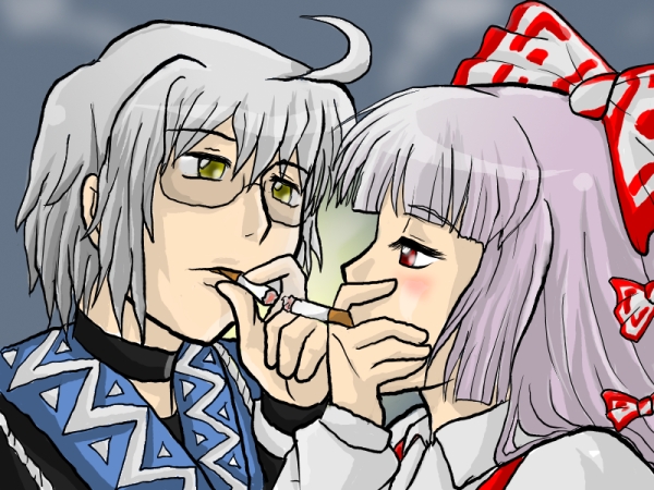 enokuma uuta, fujiwara no mokou, gretel (black lagoon), hansel (black lagoon), morichika rinnosuke, okajima rokuro, revy (black lagoon), black lagoon, touhou, 1boy, 1girl, ahoge, blush, cigarette, cigarette kiss, couple, hetero, parody, smoking