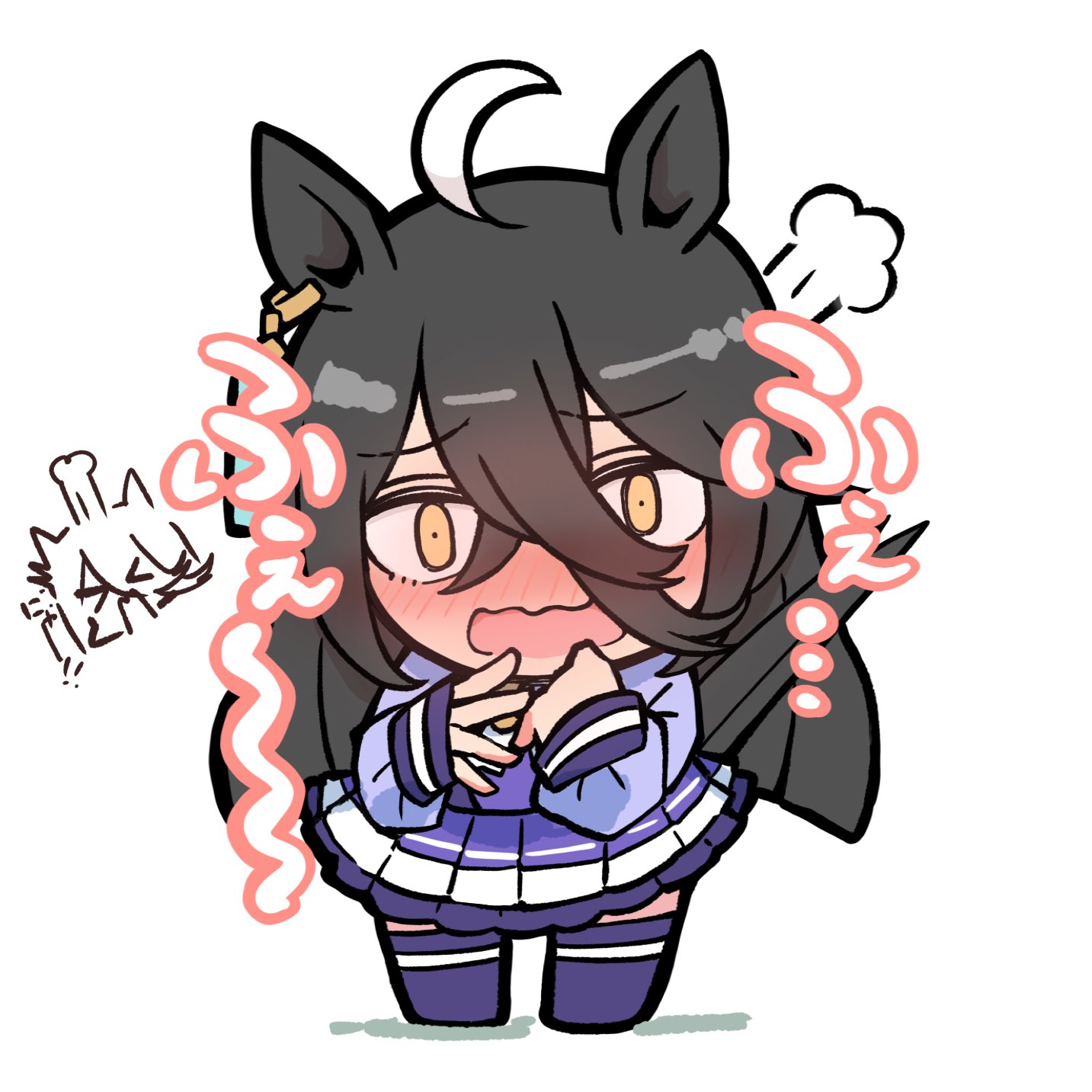 kawamochi (kawauti919), manhattan cafe (umamusume), umamusume, commentary request, highres, translation request, > <, 1girl, ahoge, animal ears, black hair, blush, bow, brown eyes, chibi, closed eyes, hair between eyes, horse ears, horse girl, horse tail, long hair, long sleeves, multicolored hair, multiple views, nose blush, open mouth, pleated skirt, puffy long sleeves, puffy sleeves, purple shirt, purple skirt, purple thighhighs, school uniform, shirt, simple background, skirt, sleeves past wrists, standing, stiff tail, tail, thighhighs, tracen school uniform, two-tone hair, very long hair, wavy mouth, white background, white bow, white hair