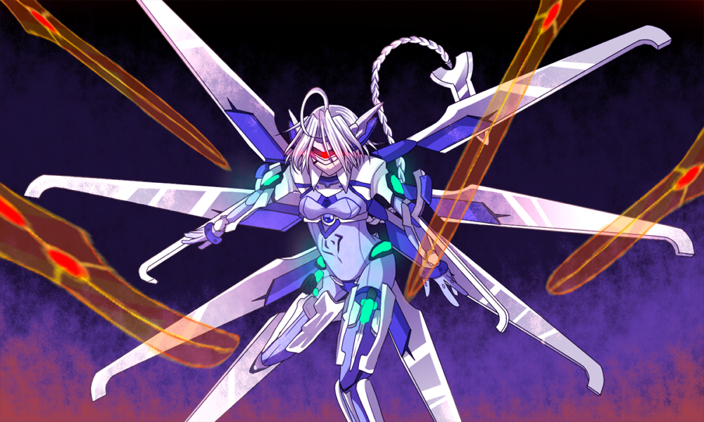 kurochi, kurochi (gudagudaxxx), nu-13, arc system works, blazblue, bad id, bad pixiv id, 1girl, ahoge, braid, eyepatch, female focus, mecha musume, solo, white hair, wings