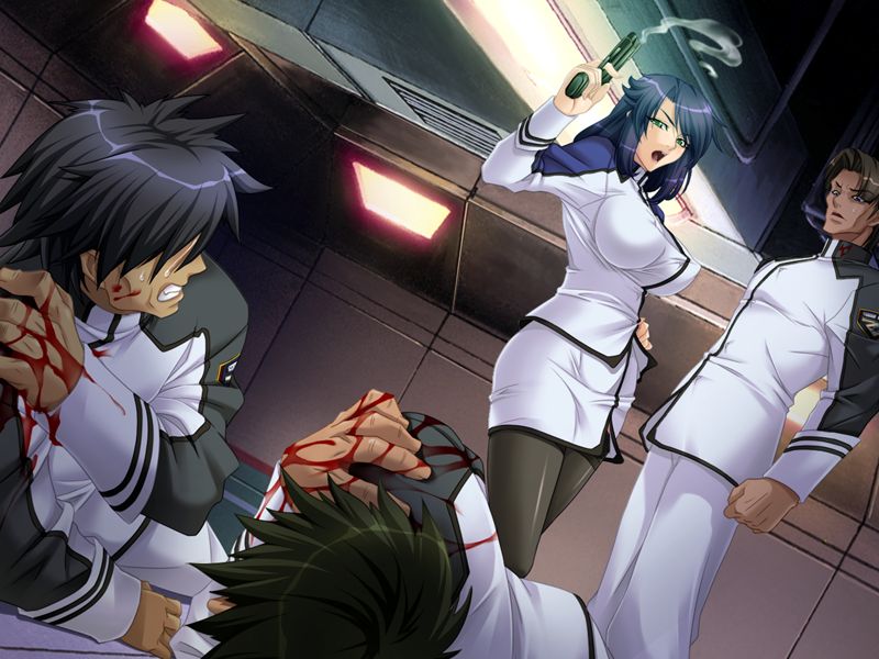 kagami hirotaka, donny bogan, lieri bishop, kangoku senkan, lilith-soft, lights, game cg, >:o, 00s, 1girl, 3boys, :o, angry, black hair, black pantyhose, blood, blood on clothes, blood on face, blood on hands, breasts, brown hair, ceiling, clenched hand, clenched teeth, covered erect nipples, dutch angle, faceless, faceless male, flipped hair, green eyes, gun, hand on own hip, hand on own shoulder, handgun, huge breasts, indoors, injury, large breasts, long hair, long sleeves, looking at viewer, lying, military, military uniform, miniskirt, multiple boys, on floor, on side, open mouth, pants, pantyhose, pencil skirt, scared, shirt, short hair, shouting, side slit, skirt, sleeve cuffs, smoke, spiked hair, standing, sweat, taut clothes, taut shirt, teeth, thighhighs, turtleneck, v-shaped eyebrows, weapon