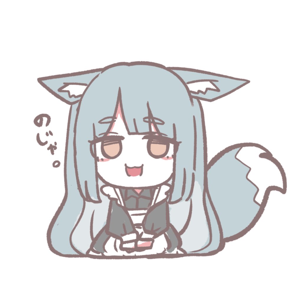 kawamochi (kawauti919), original, translation request, 1girl, :d, animal ears, apron, black dress, brown eyes, chibi, collared dress, dress, fox ears, fox girl, fox tail, full body, grey hair, long hair, long sleeves, looking at viewer, maid, open mouth, puffy long sleeves, puffy sleeves, simple background, smile, solo, tail, thick eyebrows, very long hair, white apron, white background
