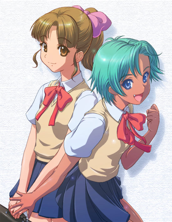 matsudo aya, original, 2girls, aqua hair, blue eyes, bow, brown eyes, brown hair, dark-skinned female, dark skin, fang, hair bow, multiple girls, ponytail, school uniform, short hair, skirt, smile, sweater vest