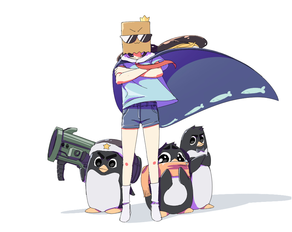 kenart7 7, indie virtual youtuber, commentary, >:), 1girl, :3, animal print, bag, bag over head, bandana, bird, black hair, blonde hair, blue cape, blue shirt, boots, cape, crossed arms, crown, denim, denim shorts, fish print, floating cape, floating hair, full body, fur-trimmed cape, fur trim, long hair, mini crown, multicolored hair, necktie, paper bag, penguin, print cape, red necktie, rocket launcher, shirt, short shorts, short sleeves, shorts, spanish commentary, standing, streaked hair, sunglasses, toko (vtuber), v-shaped eyebrows, virtual youtuber, weapon, white background, white boots