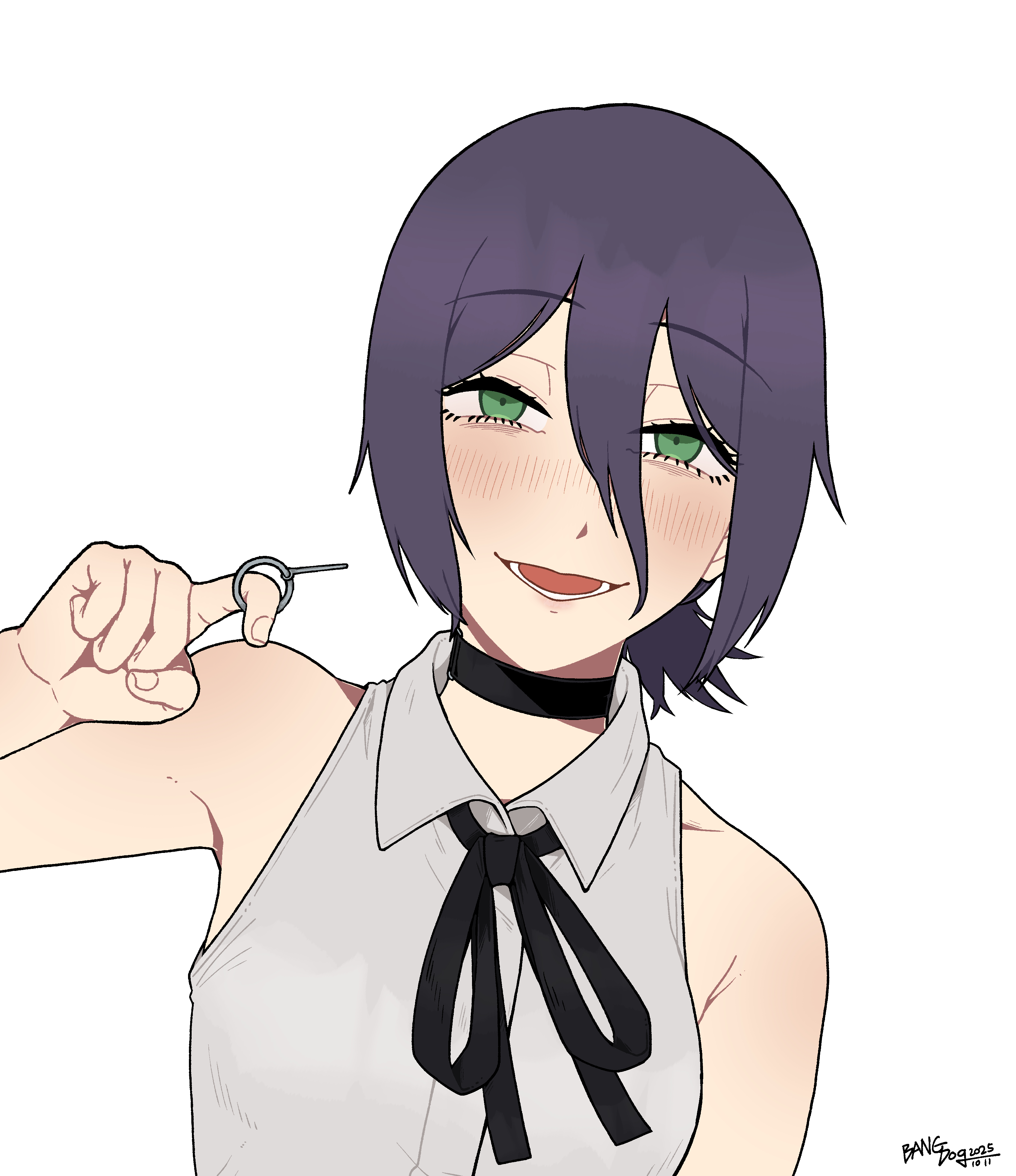 bangdog, reze (chainsaw man), chainsaw man, absurdres, commentary request, highres, korean commentary, 1girl, black choker, black hair, black ribbon, blush, breasts, choker, collared shirt, dated, fingerless gloves, gloves, green eyes, grenade pin, hair between eyes, looking at viewer, medium breasts, motion blur, neck ribbon, open mouth, purple hair, ribbon, shirt, short hair, signature, simple background, sleeveless, sleeveless shirt, smile, solo, teeth, white background, white shirt