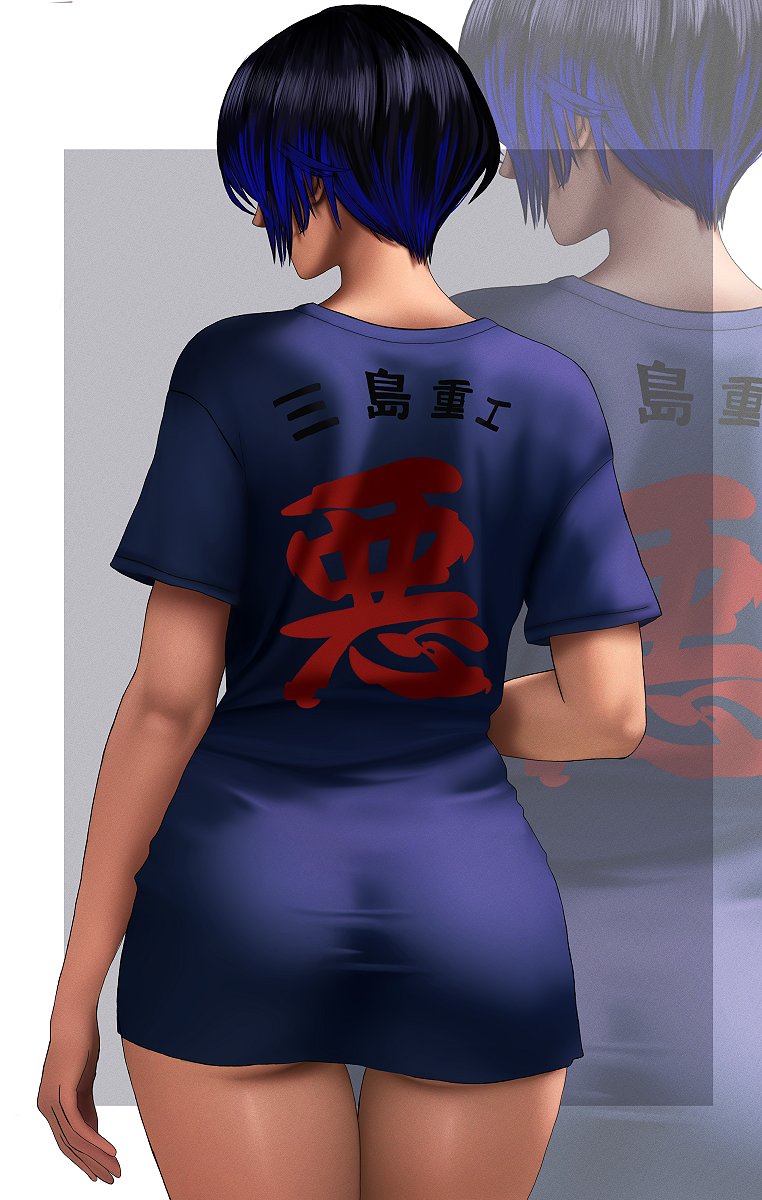 kittymiya, reina (tekken), tekken, tekken 8, commentary, highres, 1girl, ass, black hair, blue hair, blue shirt, bottomless, clothes writing, looking to the side, multicolored hair, nape, shirt, short hair, thighs