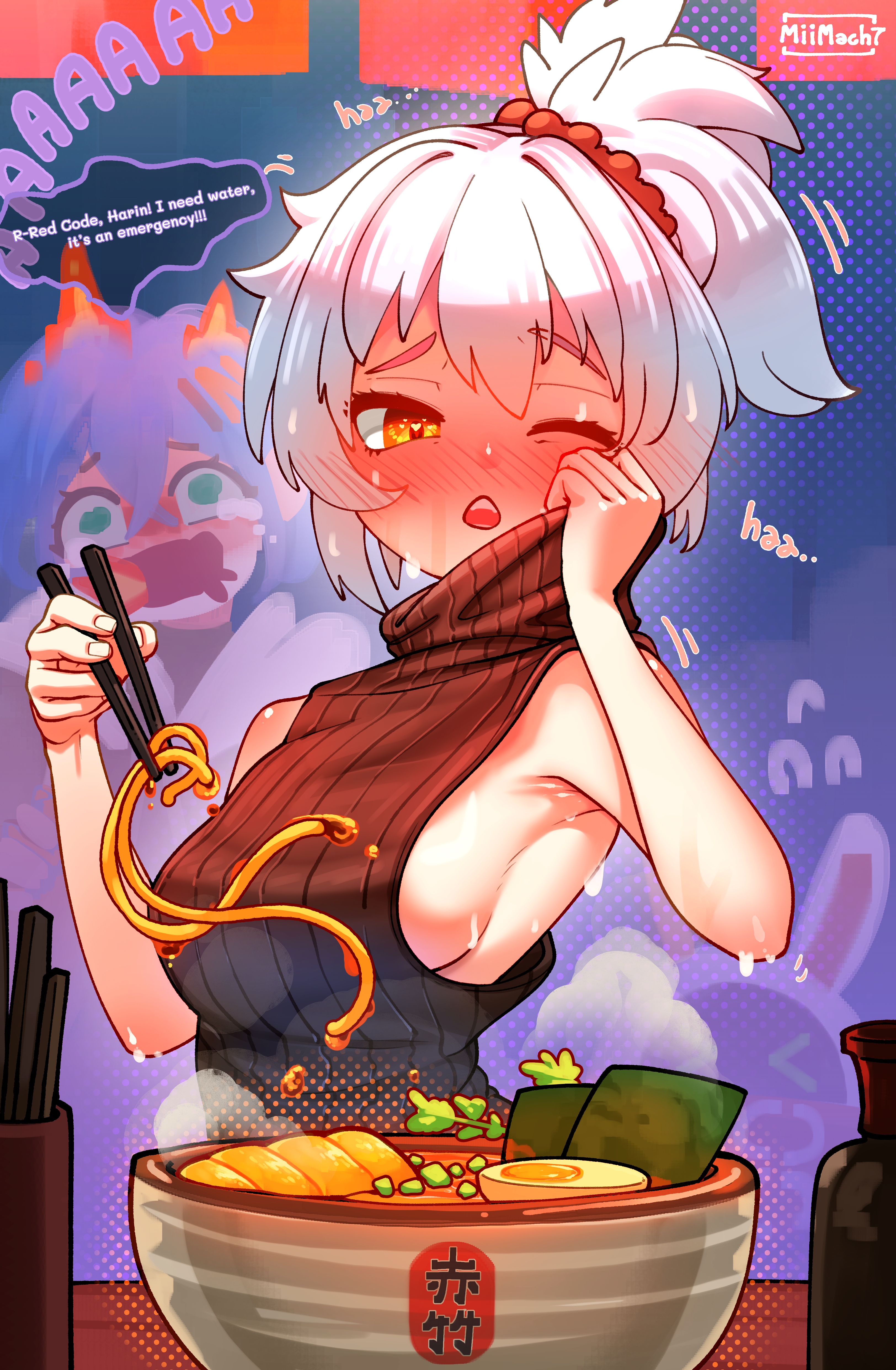 miimach7, belle (zenless zone zero), soldier 11 (zenless zone zero), zenless zone zero, absurdres, highres, 2girls, blush, bowl, breasts, chopsticks, english text, food, holding, holding chopsticks, large breasts, multiple girls, noodles, one eye closed, open mouth, ponytail, ramen, short ponytail, sideboob, sleeveless, sleeveless sweater, solo focus, sweat, sweater, turtleneck, turtleneck sweater, white hair, yellow eyes