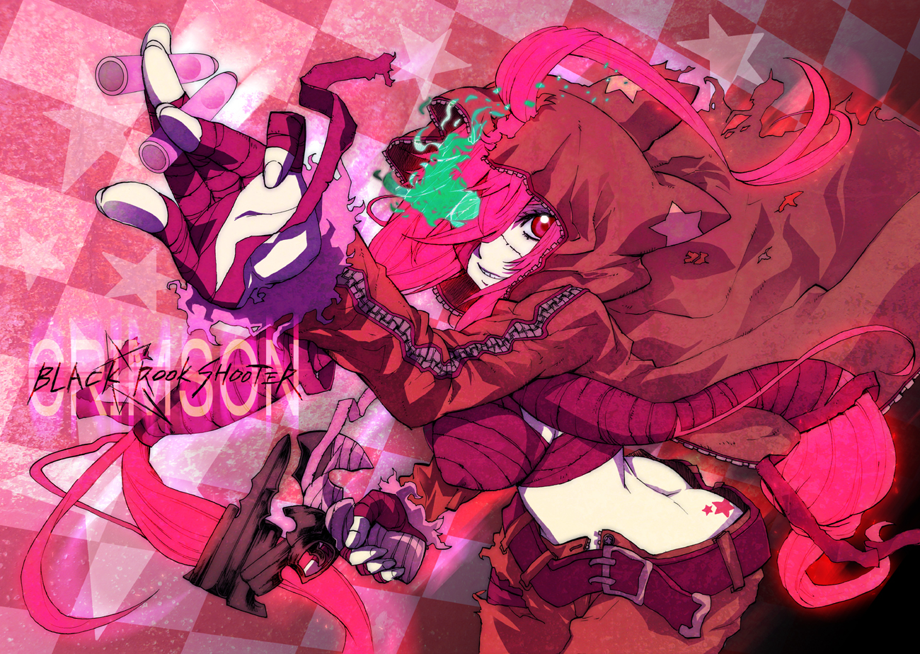 nagy, black rock shooter, vocaloid, 10s, 1girl, ahoge, ass, bandages, belt, bullet, denim, female focus, fingerless gloves, gloves, glowing, gun, hood, hoodie, jeans, long hair, pants, pink hair, red eyes, red theme, scar, simple background, smirk, solo, star (symbol), tattoo, torn clothes, very long hair, weapon, zipper