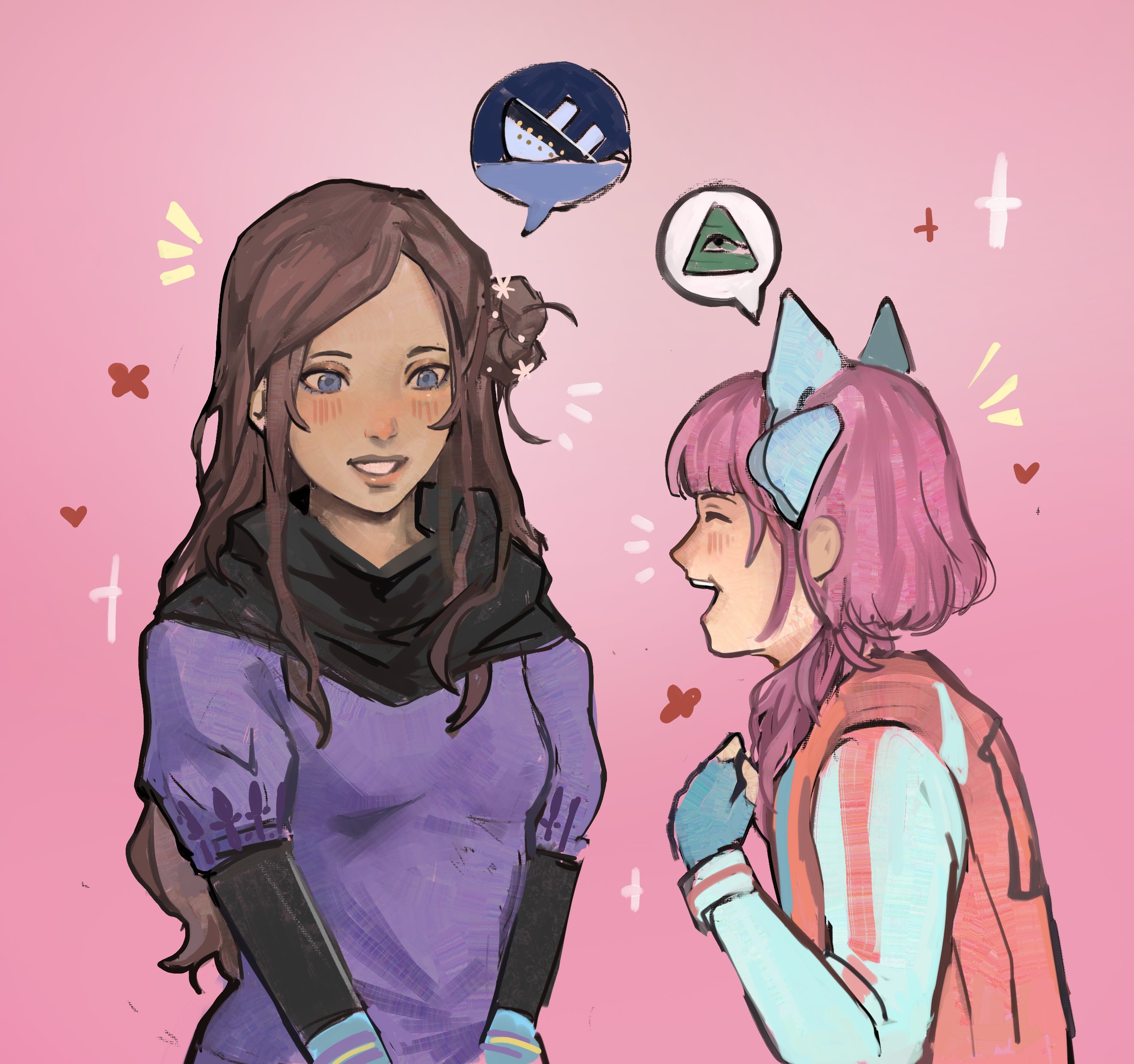 klume (klumescribbles), kurashiki akane, sagan iris, ai the somnium files, kyokugen dasshutsu, kyokugen dasshutsu: 9 jikan 9 nin 9 no tobira, absurdres, commentary, english commentary, highres, 2girls, animal ear hairband, animal ears, aqua gloves, black scarf, blush, boat, brown hair, cat ear hairband, cat ears, closed eyes, creator connection, crossover, dress, eye of providence, eyelashes, fake animal ears, fingerless gloves, gloves, hair bun, hairband, heart, jacket, lips, long hair, long sleeves, multiple girls, nostrils, notice lines, open mouth, pink background, pink jacket, purple dress, purple eyes, rms titanic, scarf, ship, simple background, single side bun, sinking, smile, speech bubble, teeth, upper body, upper teeth only, water, watercraft