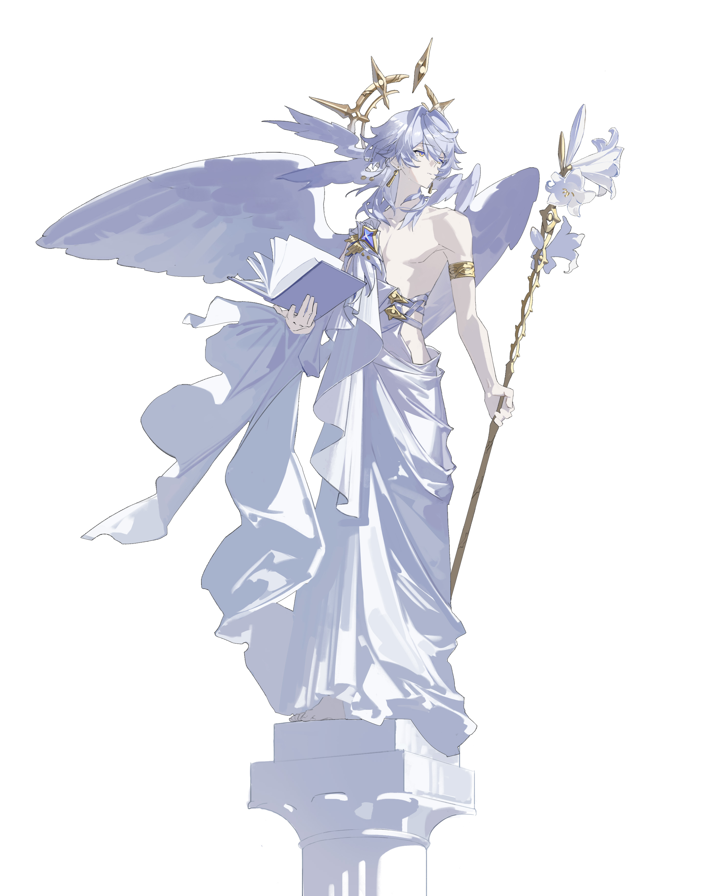 zhizhicyzey, sunday (honkai: star rail), honkai: star rail, honkai (series), gold armlet, absurdres, chinese commentary, commentary, highres, 1boy, ancient greek clothes, armlet, barefoot, bird wings, book, chiton, collarbone, earrings, flower, full body, gold earrings, gold halo, gold weapon, greco-roman clothes, halo, halo behind head, head wings, holding, holding book, holding staff, jewelry, male focus, medium hair, multiple wings, open book, pillar, robe, simple background, single bare shoulder, solo, staff, standing, tears, tears from one eye, toes, toned, toned male, white background, white flower, white hair, white robe, wings, yellow eyes