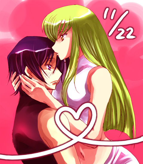koromo (kinu), c.c., lelouch vi britannia, code geass, bad id, bad pixiv id, 00s, black hair, blush, green hair, heart, holding, purple eyes, yellow eyes