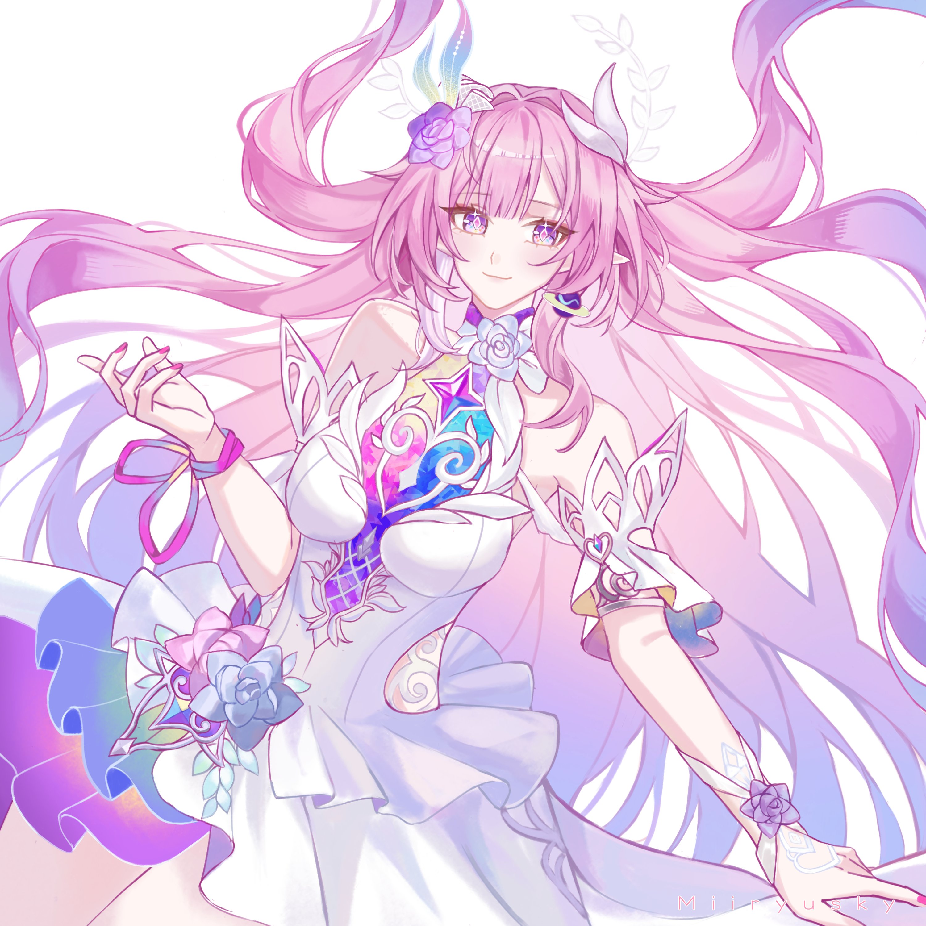 velvetbl0ssoms, cyrene (honkai: star rail), cyrene (ripples of past reverie) (honkai: star rail), honkai: star rail, honkai (series), absurdres, hashtag-only commentary, highres, 1girl, aqua hair, bare shoulders, breasts, clothing cutout, diamond-shaped pupils, diamond (shape), earrings, gradient hair, jewelry, large breasts, long hair, looking at viewer, multicolored hair, pink hair, pointy ears, purple eyes, side cutout, simple background, smile, solo, symbol-shaped pupils, very long hair, white background, white hair