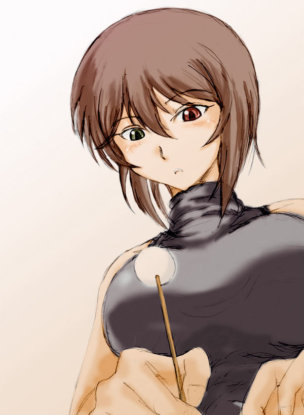 souseiseki, rozen maiden, 00s, aged up, brown hair, casual, halterneck, heterochromia, mimikaki, short hair, sleeveless, sleeveless turtleneck, solo, turtleneck