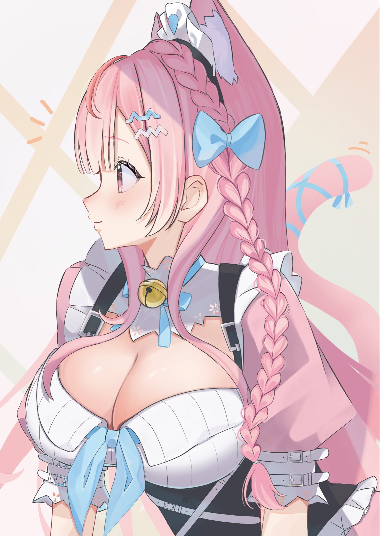 momoriron, yuuki sakuna, indie virtual youtuber, commentary, highres, 1girl, animal ears, arm belt, bell, belt, blue bow, blue ribbon, blush, bow, braid, breasts, cat ears, cat girl, cat hair ornament, cleavage, cleavage cutout, closed mouth, clothing cutout, dress, extra ears, hair bow, hair ornament, hairclip, heart, heart print, huge breasts, jingle bell, long hair, looking to the side, maid, maid headdress, neck bell, neck ribbon, nose, notice lines, pink dress, pink hair, pink tail, ribbon, short sleeves, smile, solo, suspenders, tail, tail ornament, tail ribbon, underbust, virtual youtuber, white background, white belt, white dress