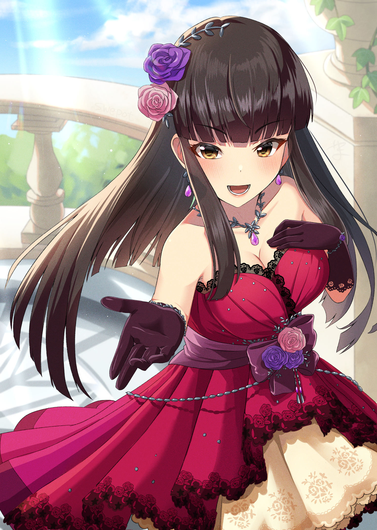 swepot, kurokawa chiaki, idolmaster, idolmaster cinderella girls, idolmaster cinderella girls starlight stage, highres, 1girl, black gloves, breasts, cleavage, dress, earrings, flower, gloves, hair flower, hair ornament, hime cut, jewelry, long hair, necklace, very long hair