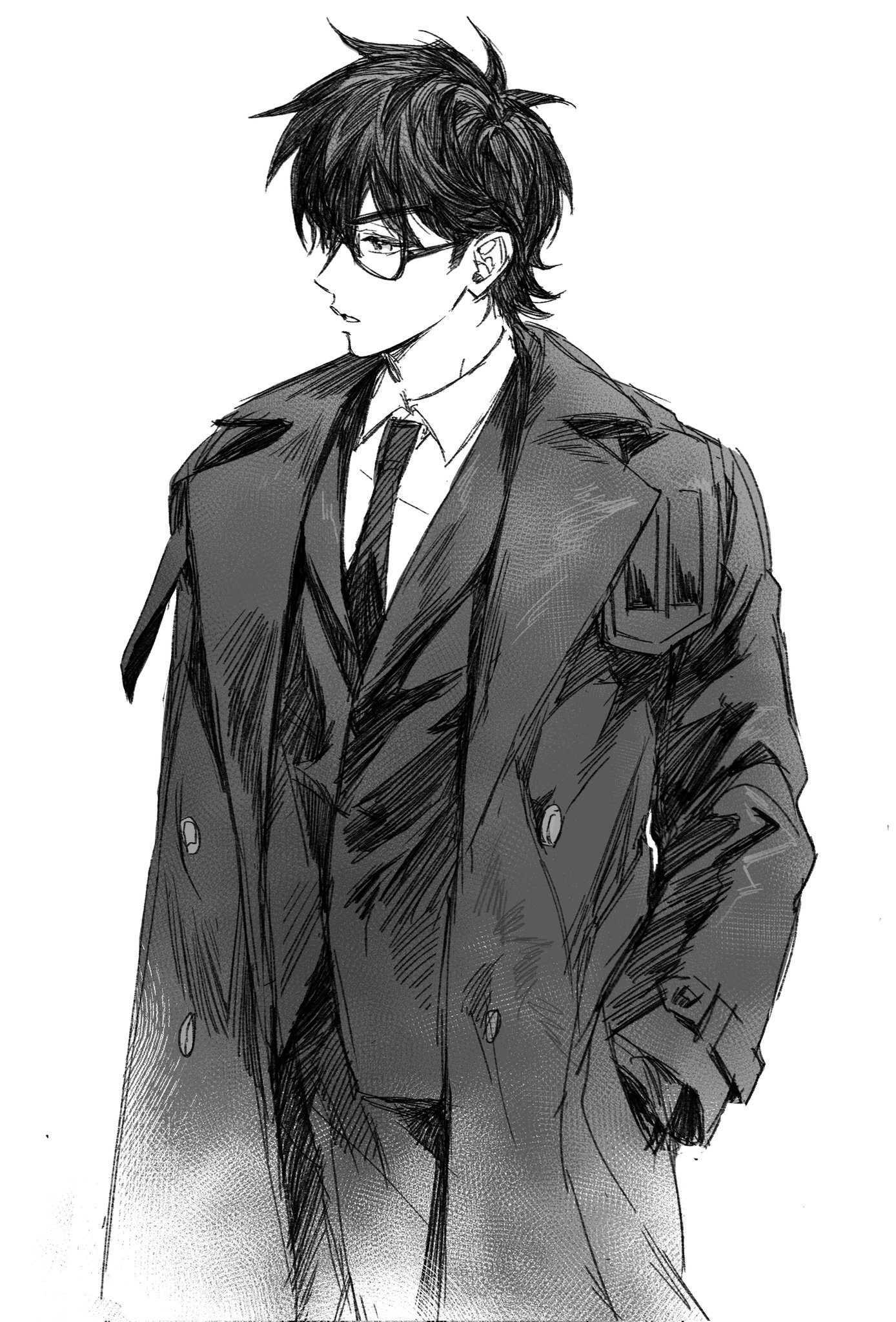 zechengm19, miyuki kazuya, ace of diamond, highres, 1boy, alternate costume, buttons, coat, collared shirt, cowboy shot, formal clothes, glasses, greyscale, hand in pocket, looking to the side, male focus, monochrome, necktie, shirt, short hair, simple background, solo, suit, white background