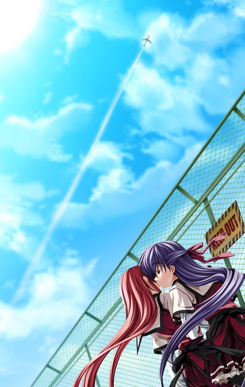 kisaragi shuuji, sanada setsuku, yamada taeko (koisuru otome to shugo no tate), koisuru otome to shugo no tate, game cg, highres, 1boy, 1girl, blurry, crossdressing, depth of field, dutch angle, fence, hetero, kiss, long hair, purple hair, red hair, school uniform, sky, trap