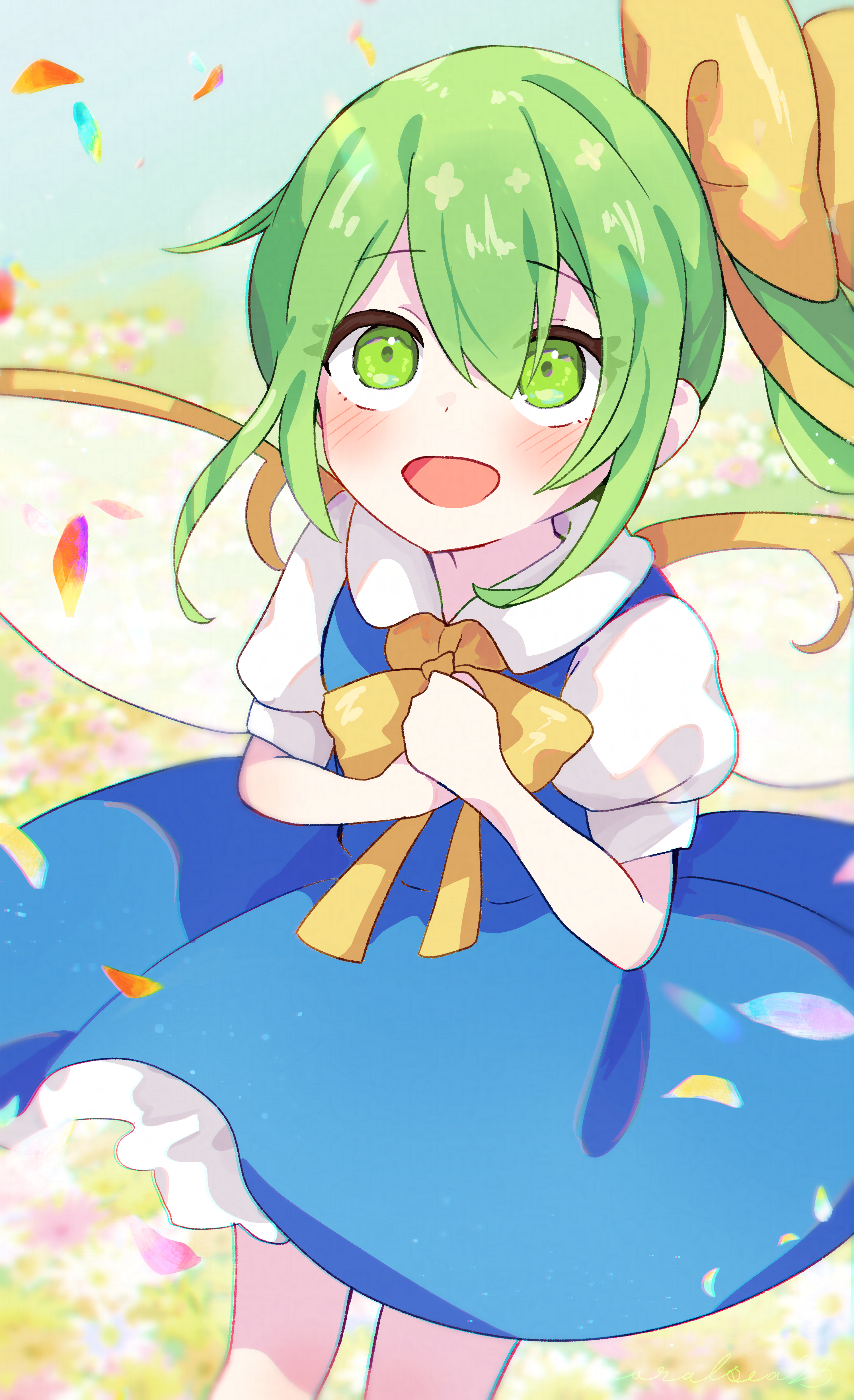 tomomasa (coralsea23), daiyousei, touhou, absurdres, commentary, highres, 1girl, bare arms, blue dress, blush, bow, bowtie, dress, fairy, fairy wings, falling petals, feet out of frame, field, flower, flower field, green eyes, green hair, hair bow, long hair, looking ahead, looking up, one-hour drawing challenge, outdoors, petals, pinafore dress, puffy short sleeves, puffy sleeves, shirt, short sleeves, side ponytail, sleeveless, sleeveless dress, smile, solo, white shirt, wings, yellow bow, yellow bowtie
