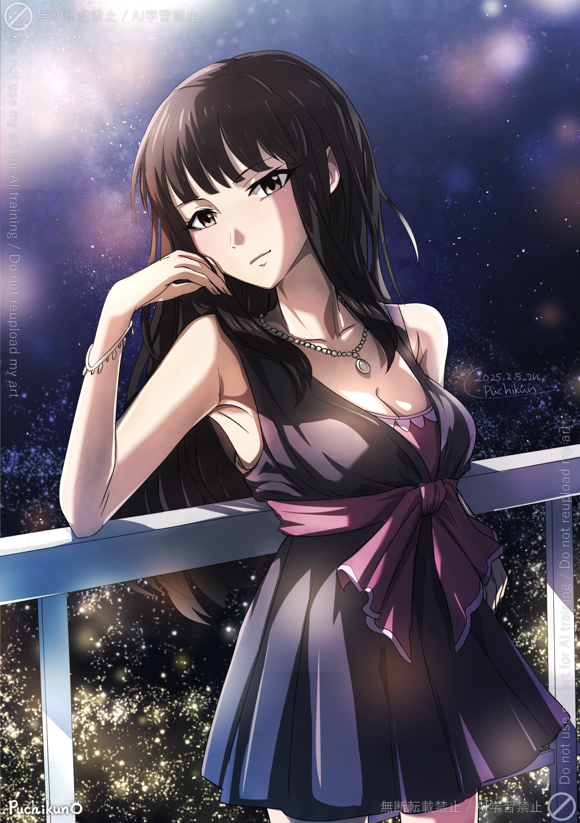 puchikun, kurokawa chiaki, idolmaster, idolmaster cinderella girls, highres, 1girl, armpits, bare shoulders, black dress, black hair, bracelet, breasts, cleavage, dress, hand on own cheek, hand on own face, hime cut, jewelry, long hair, necklace, very long hair