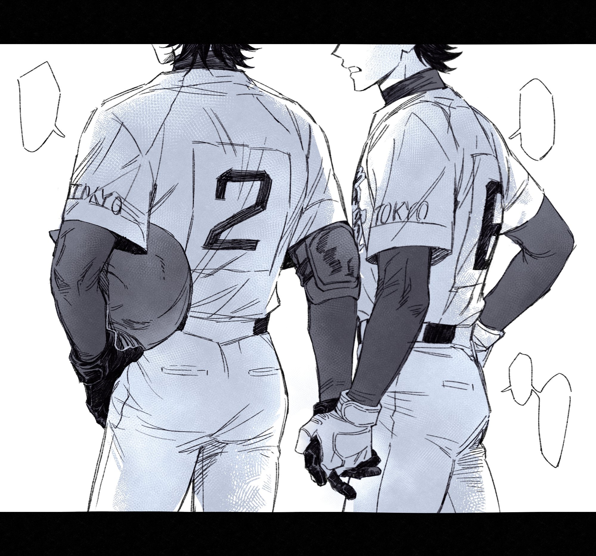 zechengm19, kuramochi youichi, miyuki kazuya, ace of diamond, commentary, highres, symbol-only commentary, 2boys, ass, baseball uniform, belt, blank speech bubble, elbow pads, from behind, gloves, greyscale, hand on own hip, helmet, holding hands, letterboxed, male focus, monochrome, multiple boys, pants, pocket, short hair, single elbow pad, speech bubble, sportswear, unworn headwear, unworn helmet, yaoi