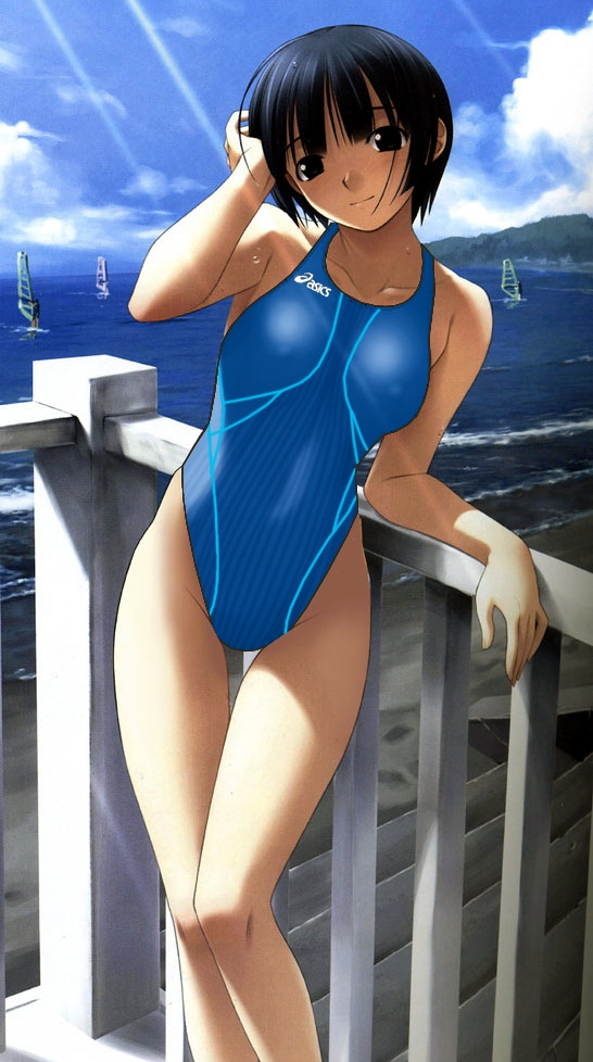 hashimoto takashi, ichinose mio, asics, white breath, third-party edit, 1girl, beach, black eyes, black hair, blue one-piece swimsuit, blunt bangs, breasts, breasts apart, cloud, competition swimsuit, day, female focus, halterneck, hand on own head, head tilt, highleg, highleg one-piece swimsuit, leaning to the side, legs together, one-piece swimsuit, outdoors, short hair, skin tight, sky, solo, standing, striped clothes, striped one-piece swimsuit, swimsuit, vertical-striped clothes, vertical-striped one-piece swimsuit, wet, wet hair
