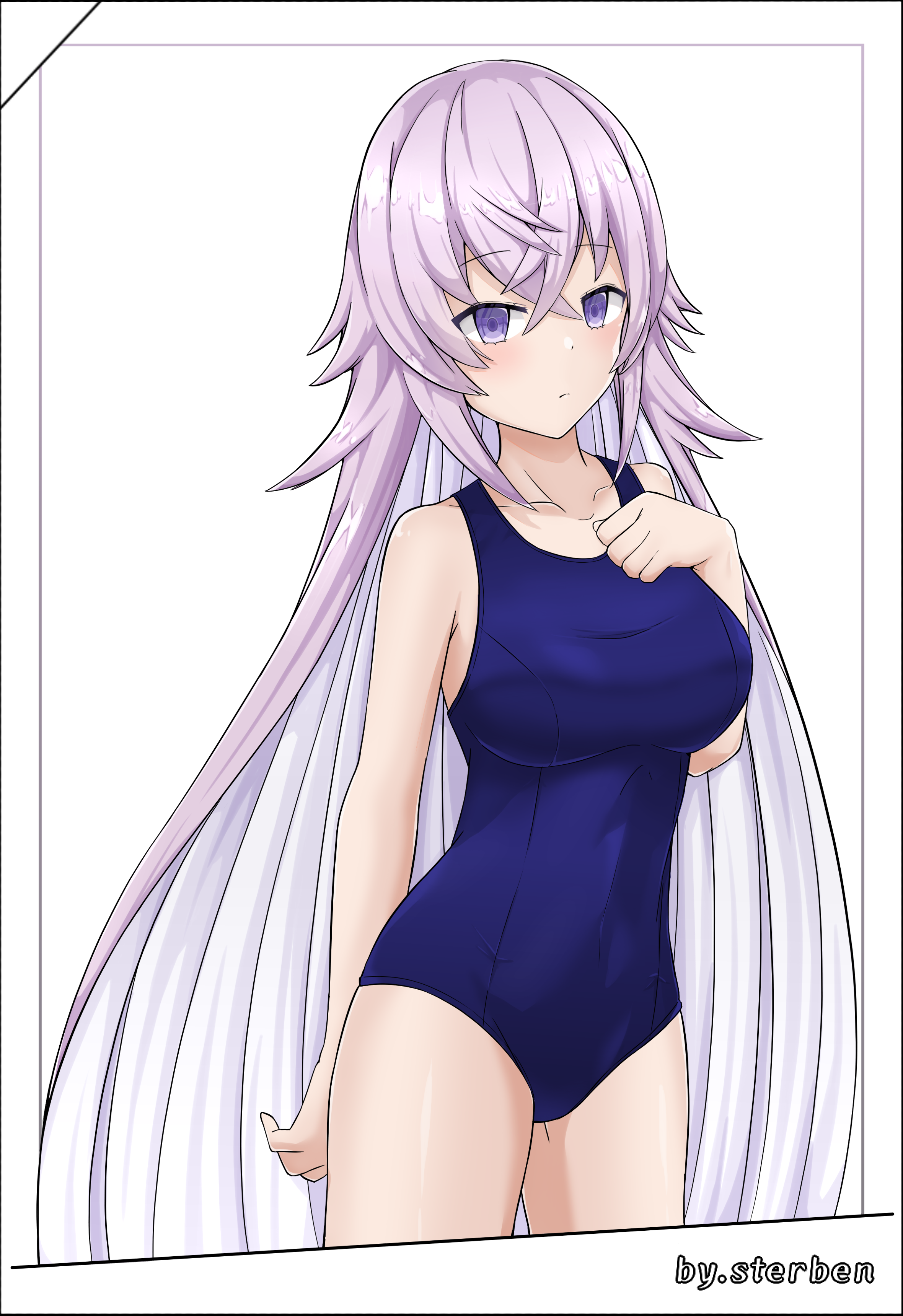 sterben (sterben dead), magic mirror (grimms notes), grimms notes, 1girl, breasts, collarbone, cowboy shot, hand up, large breasts, long hair, looking at viewer, old school swimsuit, purple eyes, purple hair, school swimsuit, solo, swimsuit, very long hair