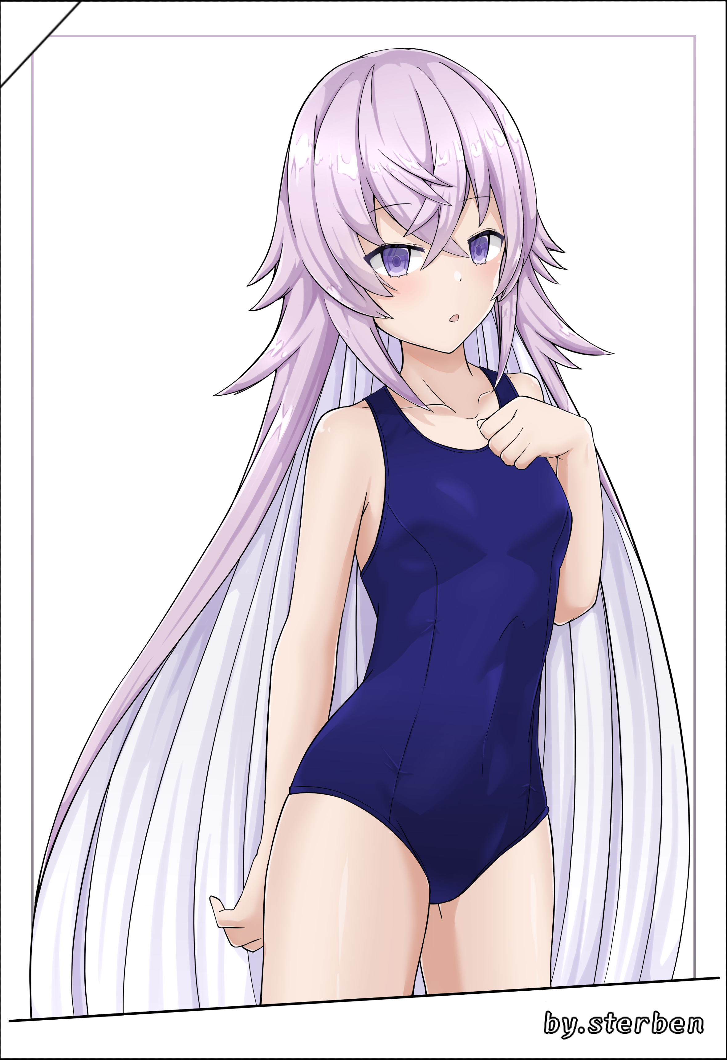 sterben (sterben dead), magic mirror (grimms notes), grimms notes, 1girl, breasts, collarbone, cowboy shot, hand up, long hair, looking at viewer, old school swimsuit, purple eyes, purple hair, school swimsuit, solo, swimsuit, very long hair