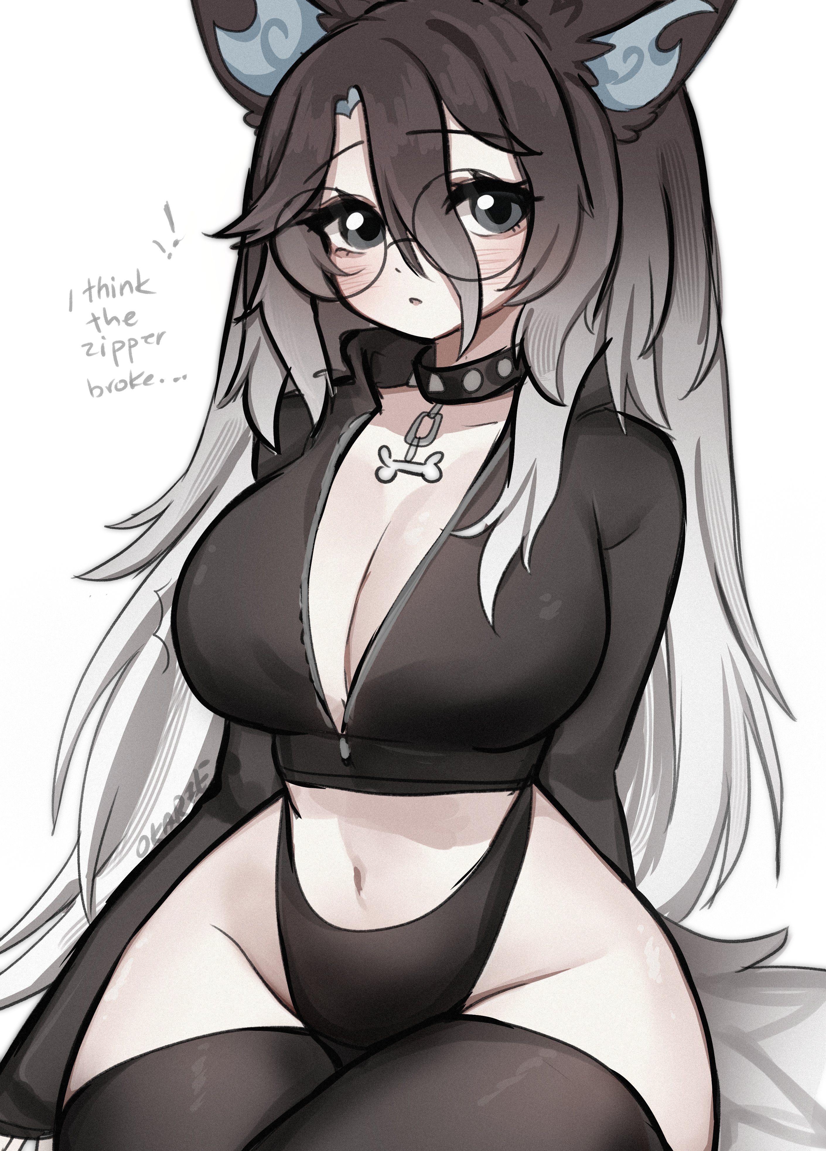 okariin, indie virtual youtuber, absurdres, highres, !, 1girl, animal ear fluff, animal ears, arms behind back, black choker, black panties, black shirt, black thighhighs, blush, breasts, choker, cleavage, collar, collarbone, crop top, english text, glasses, grey eyes, grey hair, hair between eyes, highleg, highleg panties, large breasts, long hair, long sleeves, looking at viewer, okariin (vtuber), open mouth, panties, round eyewear, shirt, sitting, solo, spiked collar, spikes, swept bangs, tail, thighhighs, thighs, underwear, very long hair, virtual youtuber, white background, white hair, wolf ears, wolf girl, wolf tail