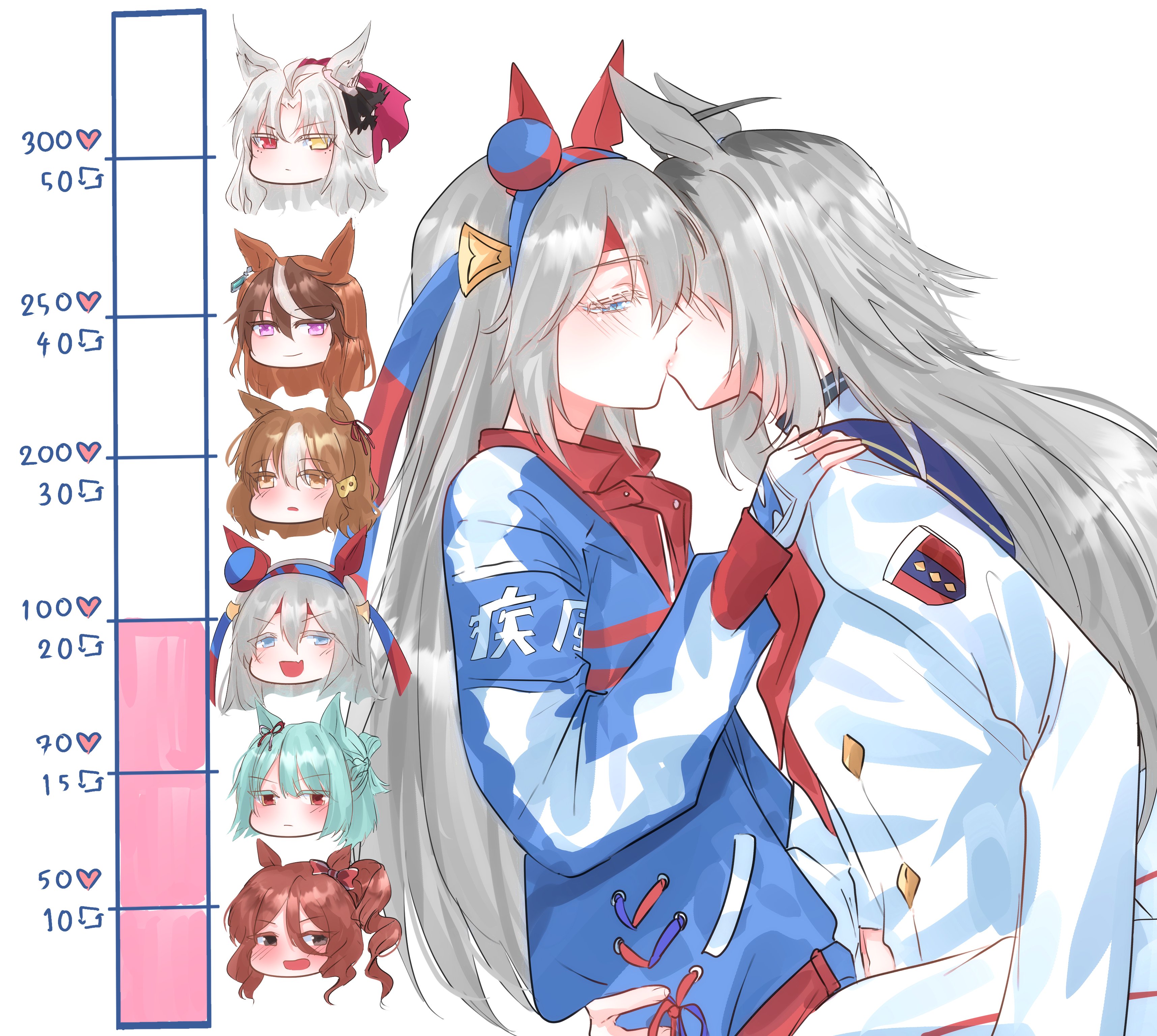 belno light (umamusume), fujimasa march (umamusume), norn ace (umamusume), oguri cap (starlight beat) (umamusume), oguri cap (umamusume), symboli rudolf (umamusume), tamamo cross (umamusume), tamamo cross (with lightning speed) (umamusume), umamusume, umamusume: cinderella gray, absurdres, highres, 6+girls, animal ears, b lt, blue eyes, blue hair, blue jacket, blush, brown eyes, brown hair, closed mouth, collared shirt, ear covers, fang, fingerless gloves, folkqueen (umamusume), gloves, grey hair, hand on another's shoulder, hand on another's waist, heterochromia, horse ears, horse girl, jacket, kiss, kiss meter (meme), long hair, meme, multicolored hair, multiple girls, parted lips, purple eyes, red eyes, red shirt, roots (hair), shirt, side ponytail, skin fang, smile, white gloves, white hair, white jacket, white streaks, yellow eyes, yuri