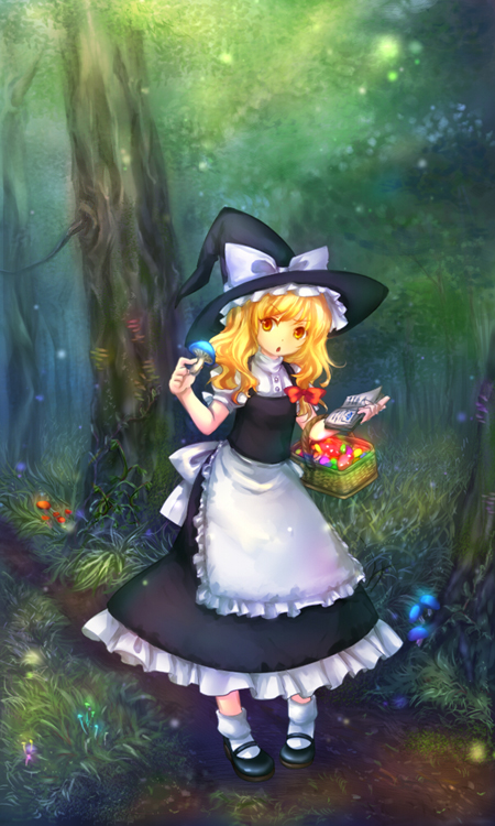enone, kirisame marisa, touhou, >:o, 1girl, :o, apron, basket, blonde hair, book, bow, female focus, forest, hair bow, hat, holding, large bow, mary janes, mushroom, nature, orange eyes, ribbon, shoes, socks, solo, v-shaped eyebrows, white socks, witch, witch hat, yellow eyes