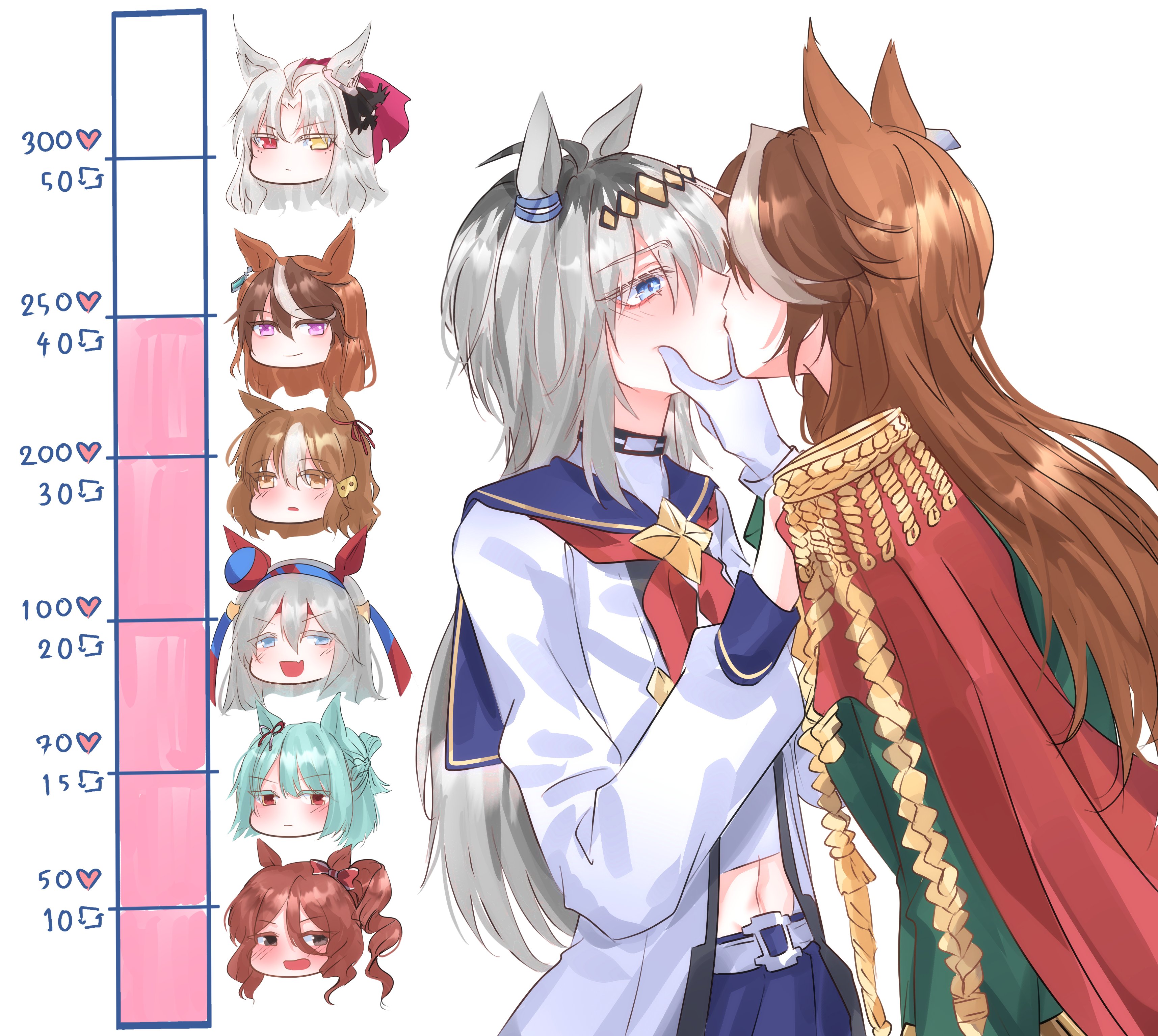 belno light (umamusume), fujimasa march (umamusume), norn ace (umamusume), oguri cap (starlight beat) (umamusume), oguri cap (umamusume), symboli rudolf (emperor's path) (umamusume), symboli rudolf (umamusume), tamamo cross (umamusume), umamusume, umamusume: cinderella gray, absurdres, highres, 6+girls, animal ears, b lt, blue eyes, blue hair, blue sailor collar, blush, brown eyes, brown hair, cape, closed mouth, ear covers, epaulettes, fang, folkqueen (umamusume), gloves, green jacket, grey hair, hand on another's face, hand on another's shoulder, heterochromia, horse ears, horse girl, jacket, kiss, kiss meter (meme), long hair, meme, midriff, multicolored hair, multiple girls, neckerchief, parted lips, purple eyes, red cape, red eyes, red neckerchief, roots (hair), sailor collar, shirt, side ponytail, skin fang, smile, white gloves, white hair, white shirt, white streaks, yellow eyes, yuri