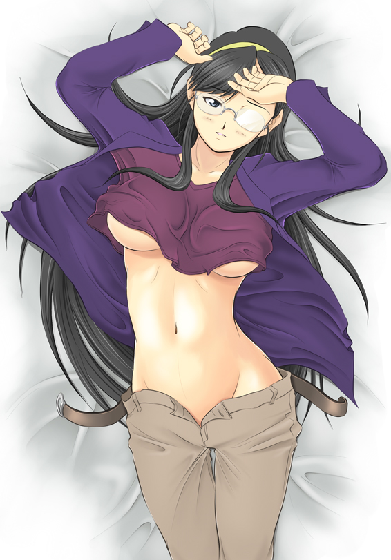 imoto katsuyuki, imo-ne, original, 1girl, black hair, blue eyes, breasts, female focus, glasses, hairband, large breasts, long hair, midriff, solo, underboob