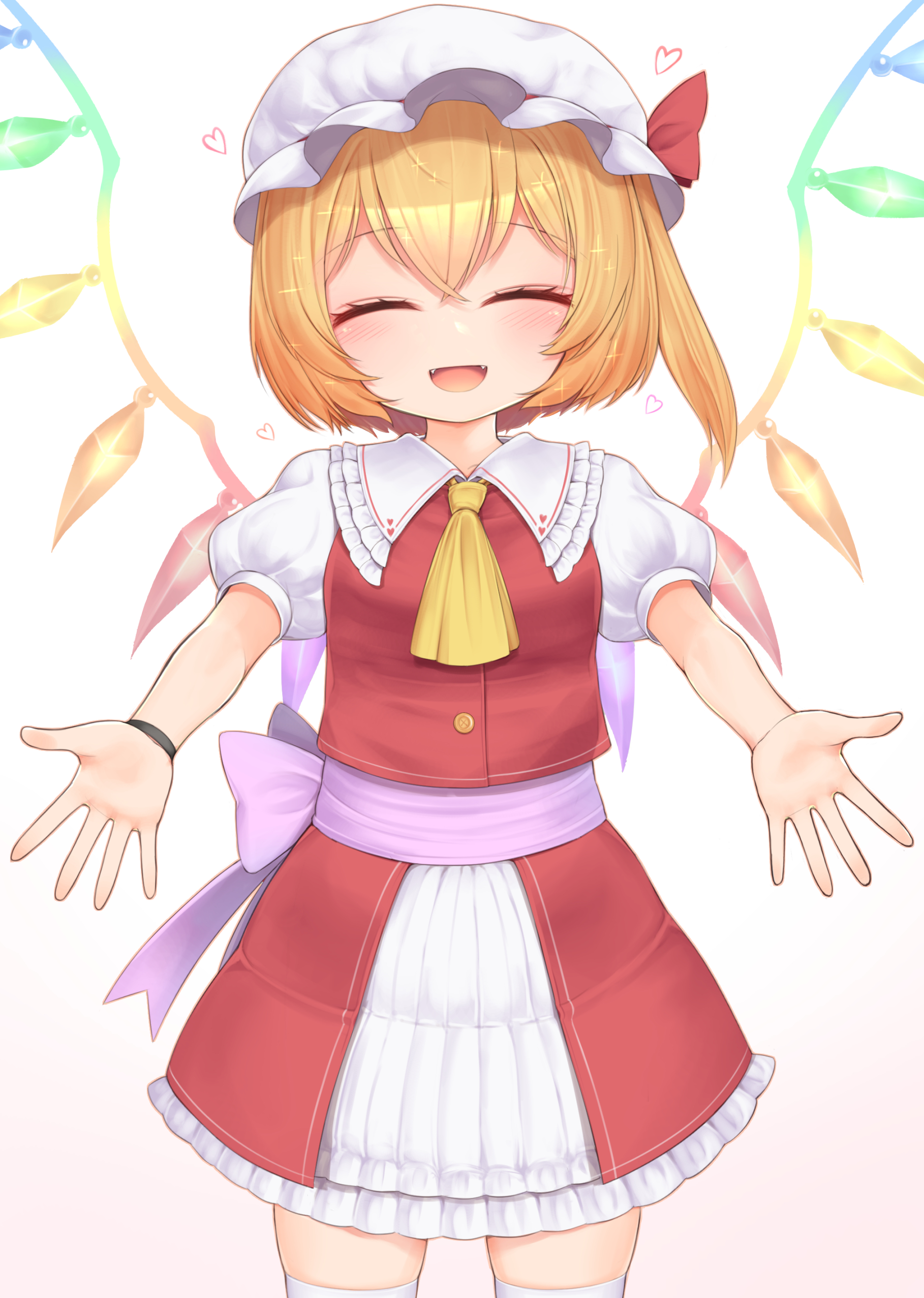 harunoha, flandre scarlet, touhou, absurdres, commentary request, highres, textless version, 1girl, :d, ascot, blonde hair, blush, bow, buttons, closed eyes, cowboy shot, crystal, double-parted bangs, facing viewer, fangs, frilled shirt collar, frilled skirt, frills, gradient background, hair between eyes, hat, hat bow, heart, incoming hug, mob cap, one side up, open mouth, outstretched arms, pink background, pink bow, pink ribbon, pov adoring, puffy short sleeves, puffy sleeves, red bow, red skirt, red vest, ribbon, short sleeves, side ponytail, skirt, skirt set, smile, solo, thighhighs, vest, waist bow, waist ribbon, white background, white hat, white thighhighs, wings, wristband, yellow ascot, zettai ryouiki