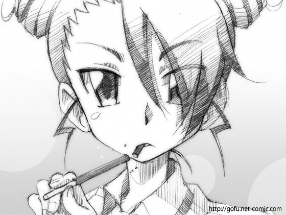 gofu, saotome suzume, hyakko, traditional media, 00s, 1girl, cone hair bun, double bun, eating, female focus, food, greyscale, hair bun, looking at viewer, monochrome, mouth hold, pocky, portrait, sketch, solo, upper body, watermark, web address