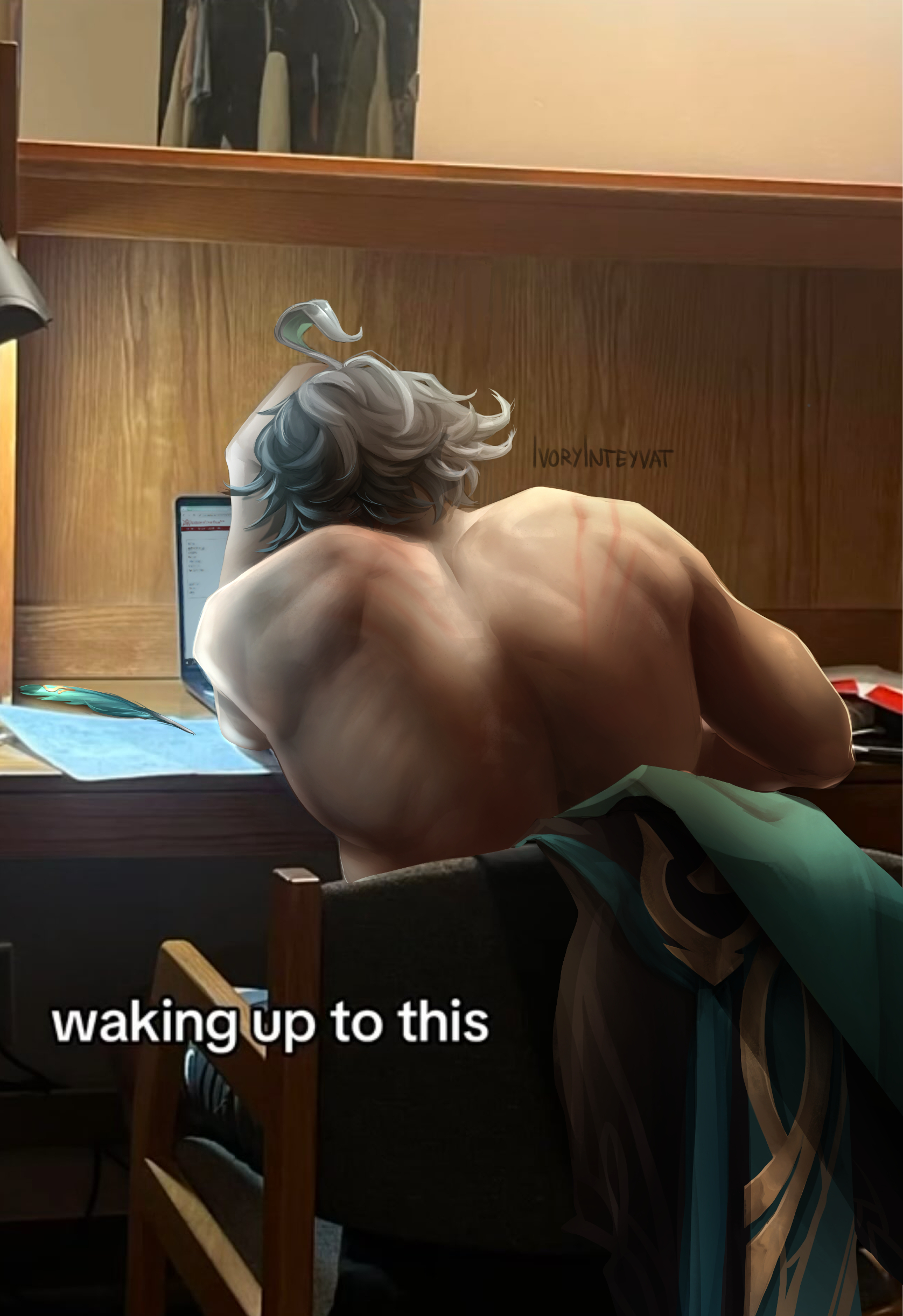 alhaitham (genshin impact), archive of our own, genshin impact, absurdres, highres, 1boy, ahoge, artist name, back, bleedingivory, computer, feathers, from behind, grey hair, laptop, male focus, meme, muscular, muscular male, pants, scratches, sitting, solo, topless male, unworn clothes, waking up to this (meme)
