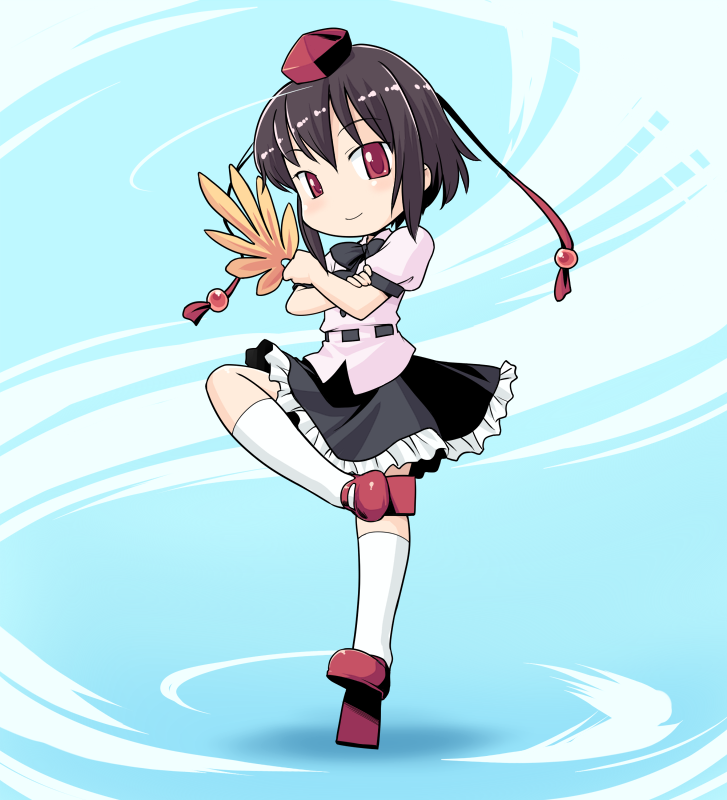 hinemosu notari, shameimaru aya, touhou, bad id, bad pixiv id, 1girl, black hair, female focus, geta, hand fan, hat, looking at viewer, red eyes, short hair, solo, tengu-geta, tokin hat