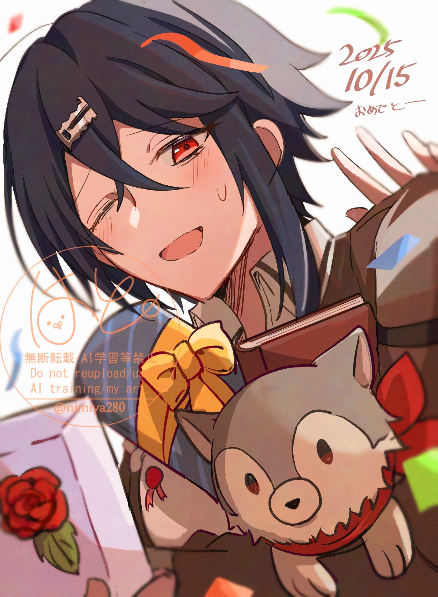hato (popp v3), alcryst (fire emblem), fire emblem, fire emblem engage, nintendo, highres, 1boy, asymmetrical hair, blue hair, dated, hair between eyes, hair ornament, hairclip, high collar, looking at viewer, male focus, red eyes