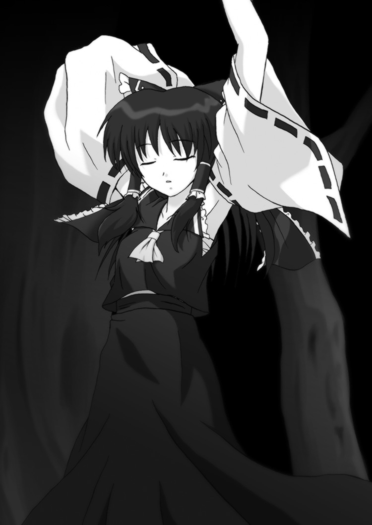 currysky, hakurei reimu, touhou, utawarerumono, derivative work, 1girl, armpits, arms up, black theme, closed eyes, detached sleeves, female focus, greyscale, hair tubes, japanese clothes, miko, monochrome, parody, solo, wide sleeves