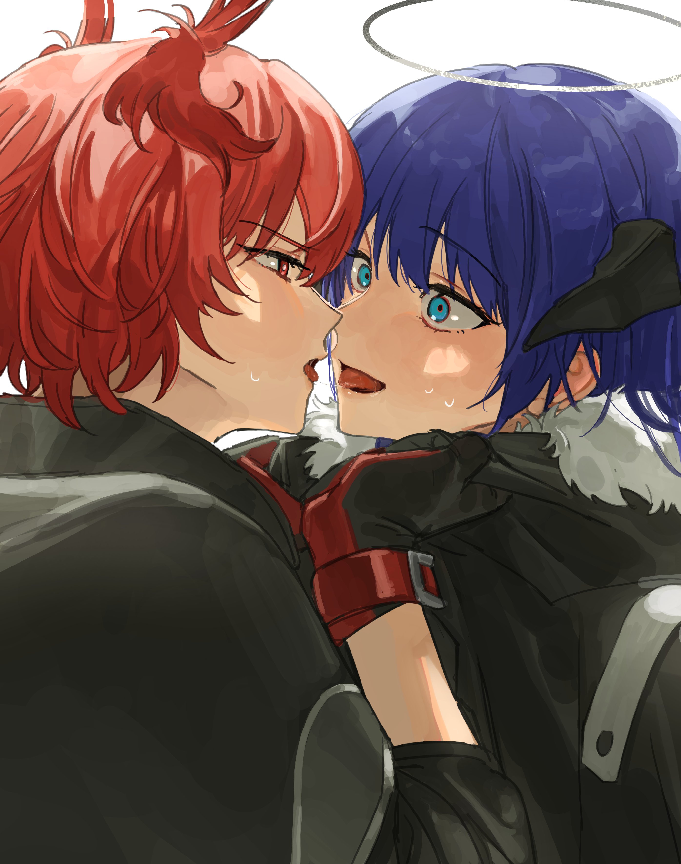 eternalpillow04, fiammetta (arknights), mostima (arknights), arknights, absurdres, commentary request, highres, 2girls, after kiss, animal ears, bird ears, black gloves, black jacket, blue eyes, blush, demon horns, eye contact, gloves, halo, horns, jacket, looking at another, multiple girls, red eyes, red hair, saliva, saliva trail, short hair, simple background, sweat, tongue, tongue out, white background, yuri