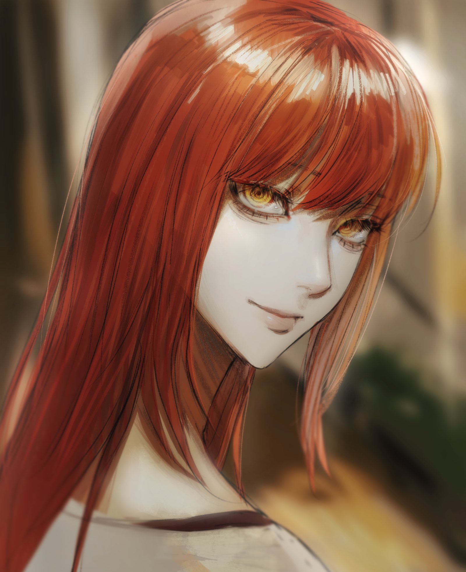 sira julyspring, makima (chainsaw man), chainsaw man, highres, 1girl, blurry, blurry background, closed mouth, light smile, long hair, looking at viewer, red hair, ringed eyes, solo, yellow eyes