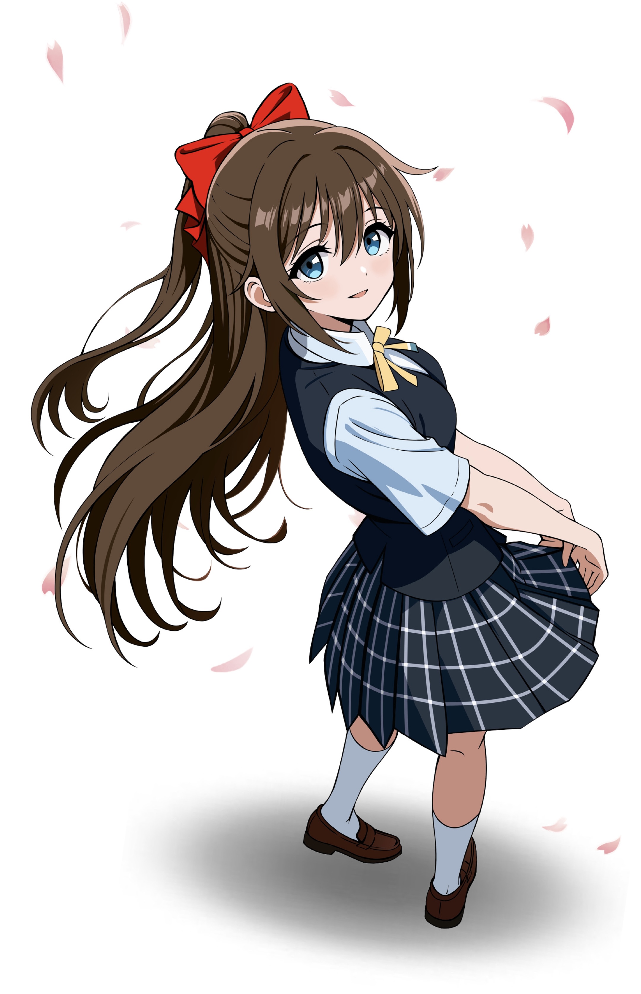 zaofeng, osaka shizuku, love live!, love live! nijigasaki high school idol club, absurdres, highres, 1girl, black skirt, black sweater vest, blue eyes, blue shirt, blush, bow, brown hair, cherry blossoms, collared shirt, hair between eyes, hair bow, long hair, nijigasaki school uniform, open mouth, pleated skirt, ponytail, red bow, school uniform, shadow, shirt, short sleeves, sidelocks, simple background, skirt, smile, socks, solo, standing, sweater vest, white background, white socks