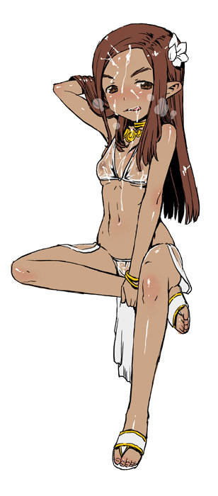wamusato haru, bad id, bad pixiv id, 1girl, adjusting hair, blush, brown eyes, brown hair, bukkake, cum, dark-skinned female, dark skin, elf, feet, female focus, harem outfit, loli, long hair, pelvic curtain, pointy ears, sandals, see-through clothes, solo, toes, tongue