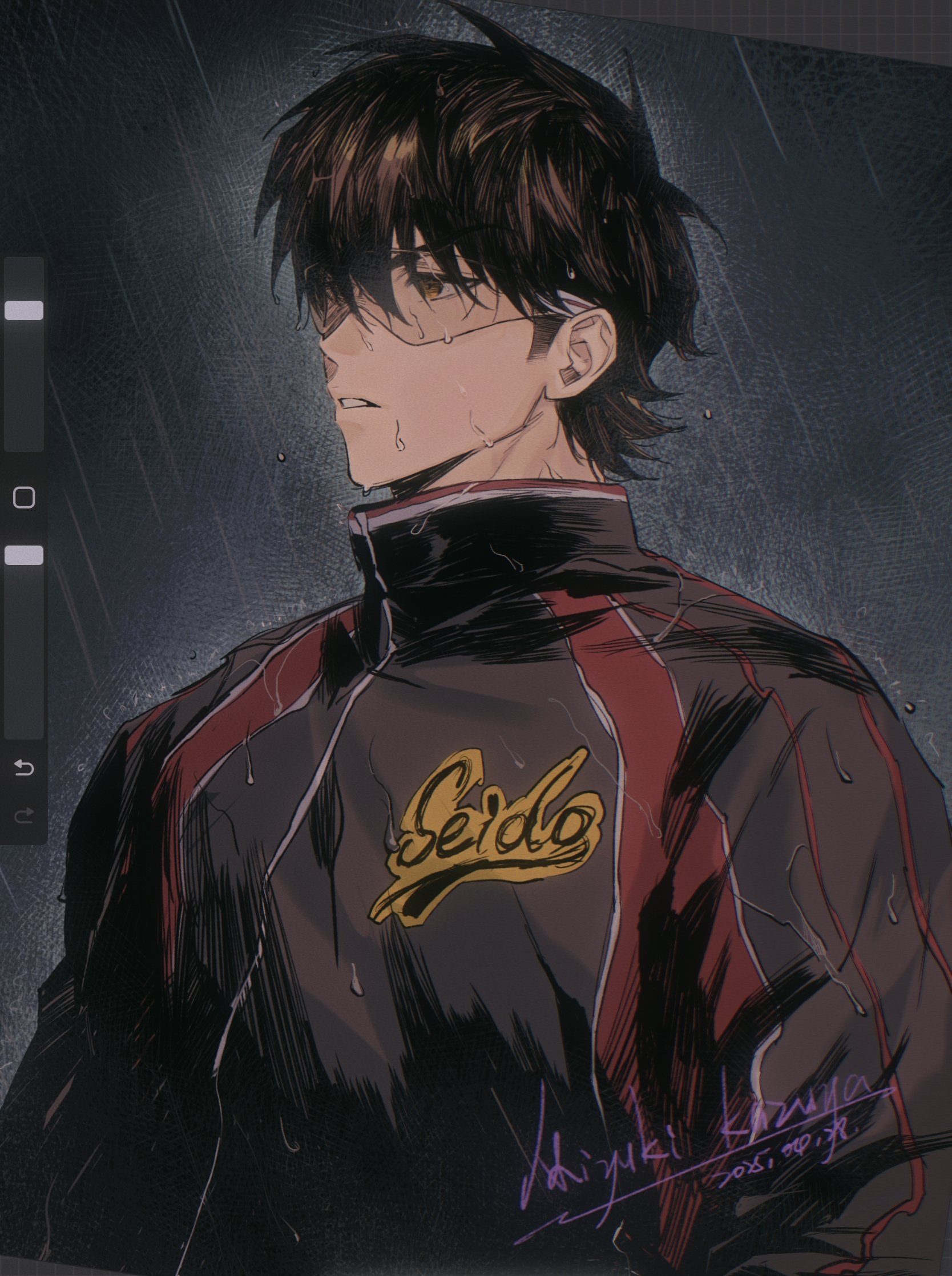 zechengm19, miyuki kazuya, ace of diamond, commentary, highres, symbol-only commentary, 1boy, art program in frame, brown eyes, brown hair, character name, dated, full-length zipper, goggles, male focus, parted lips, rain, seidou high school jacket, short hair, sideburns, solo, teeth, upper body, wet, wet clothes, wet eyewear, zipper