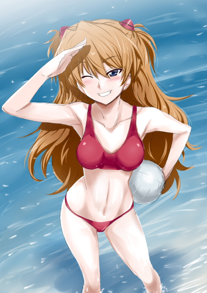 nakahira guy, souryuu asuka langley, neon genesis evangelion, 1girl, ball, beach, bikini, blue eyes, blush, breasts, brown hair, curvy, day, female focus, long hair, medium breasts, ocean, one eye closed, red bikini, salute, shading eyes, skinny, slender, smile, solo, sports bikini, standing, swimsuit, thong, thong bikini, very long hair, volleyball, volleyball (object), wink