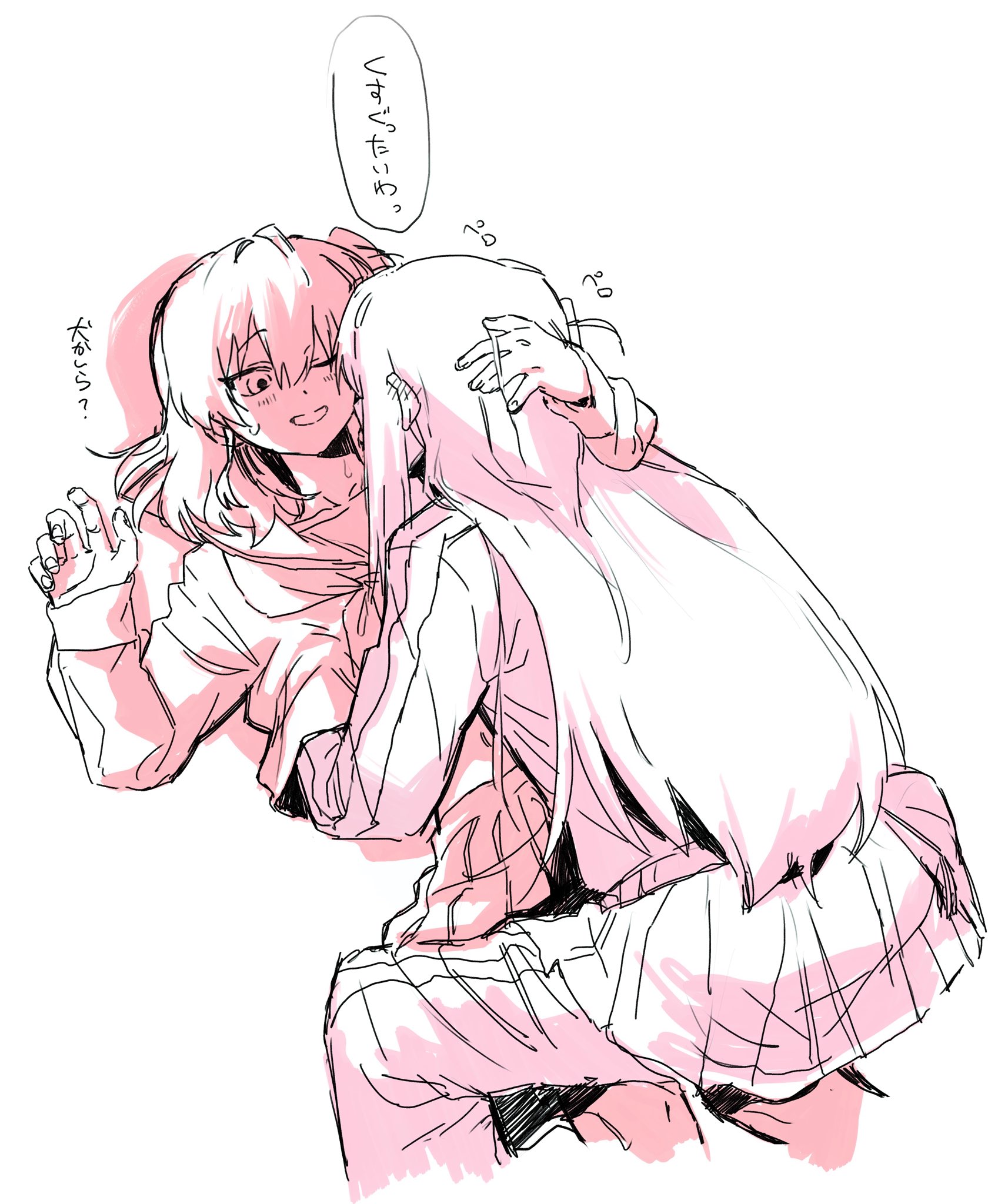 saiki (mumei 912), gotoh hitori, kita ikuyo, bocchi the rock!, highres, 2girls, blush, covered face, cropped legs, ear blush, girl on top, hand in another's hair, hand on another's head, hand under clothes, hand under shirt, jacket, licking, long hair, midriff, monochrome, multiple girls, neckerchief, one eye closed, open mouth, pants, pink theme, pleated skirt, school uniform, serafuku, shirt, sketch, skirt, sweat, tongue, tongue out, track jacket, track pants, track suit, yuri