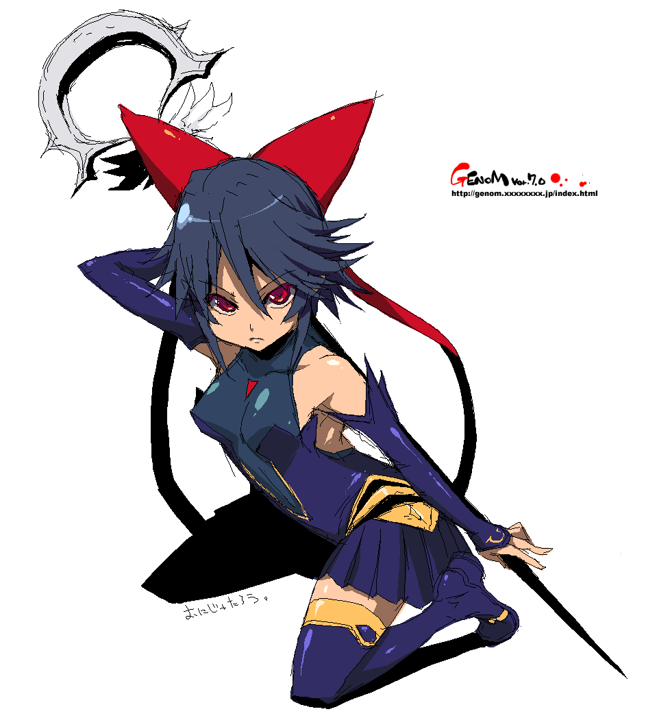 onija tarou, kagano ai, mahou shoujo ai, 00s, 1girl, blue hair, blue thighhighs, boots, bridal gauntlets, elbow gloves, female focus, frown, gloves, hair ribbon, kneeling, leaning forward, magical girl, oekaki, red eyes, ribbon, short hair, sketch, solo, staff, thigh boots, thighhighs, zettai ryouiki