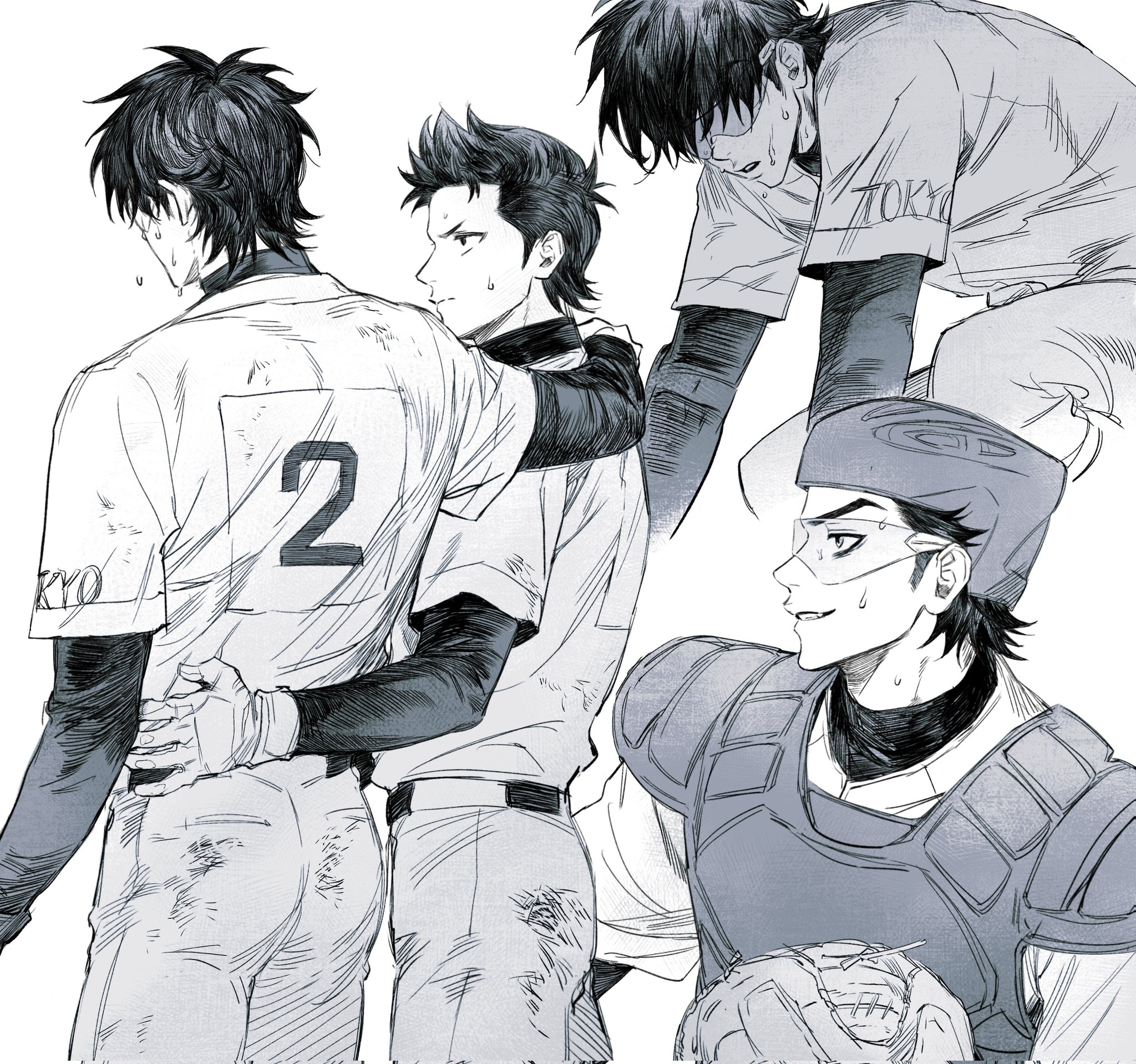 zechengm19, kuramochi youichi, miyuki kazuya, ace of diamond, commentary request, corrupted twitter file, highres, 2boys, arm around shoulder, arm around waist, baseball glove, baseball helmet, baseball uniform, chest protector, dirty, dirty clothes, from behind, greyscale, helmet, looking at another, male focus, monochrome, multiple boys, multiple views, short hair, sideburns, sportswear, sweat